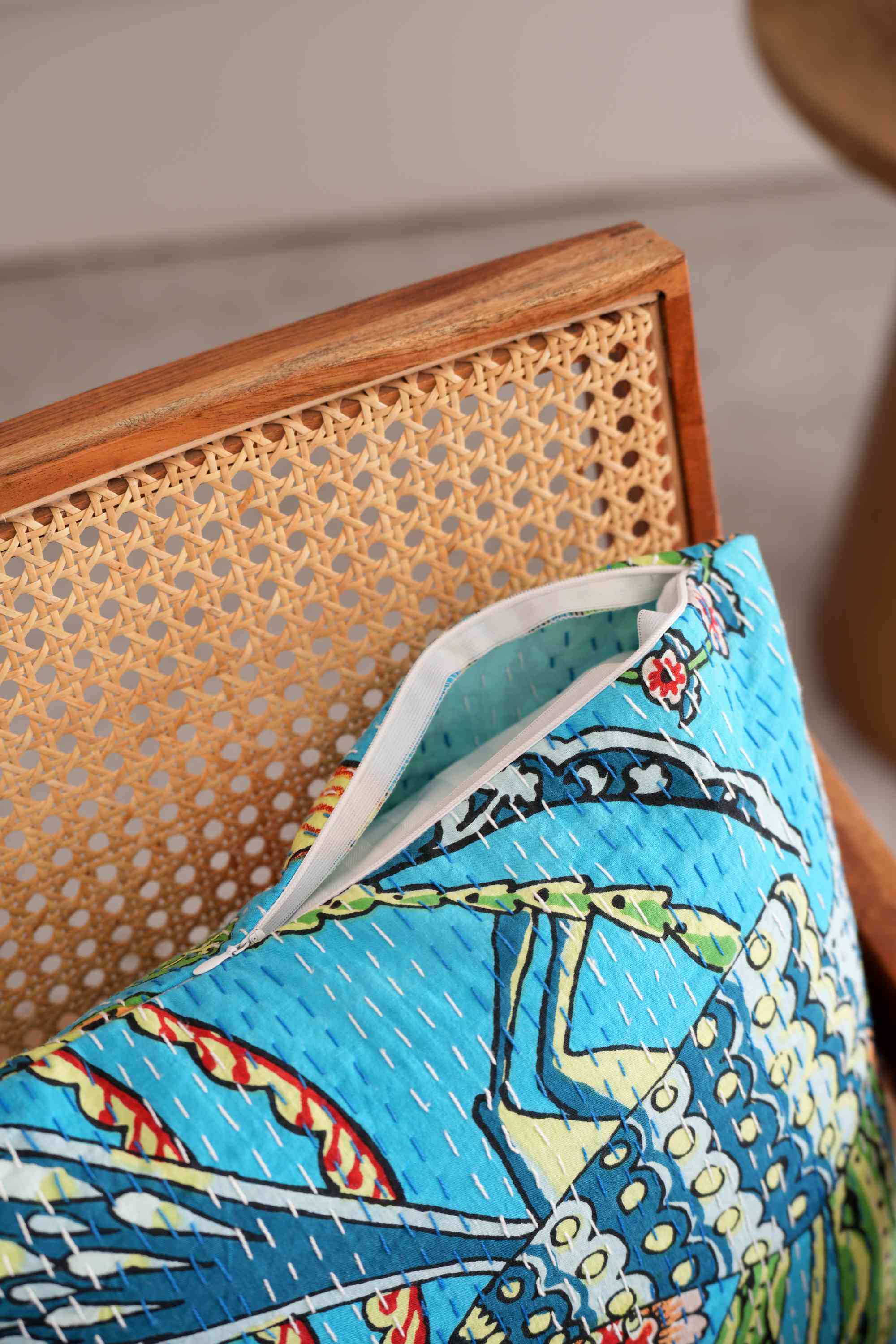 Handmade Cotton Sparrow Printed Kantha Cushion Cover Turquoise