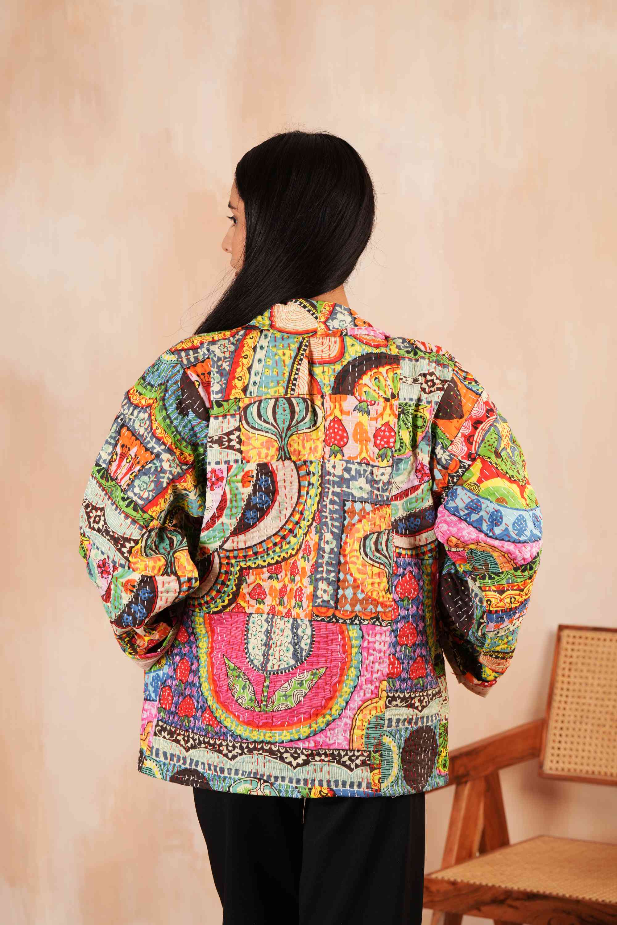 Strawberry Field Patchwork Printed Cotton Kantha Jacket