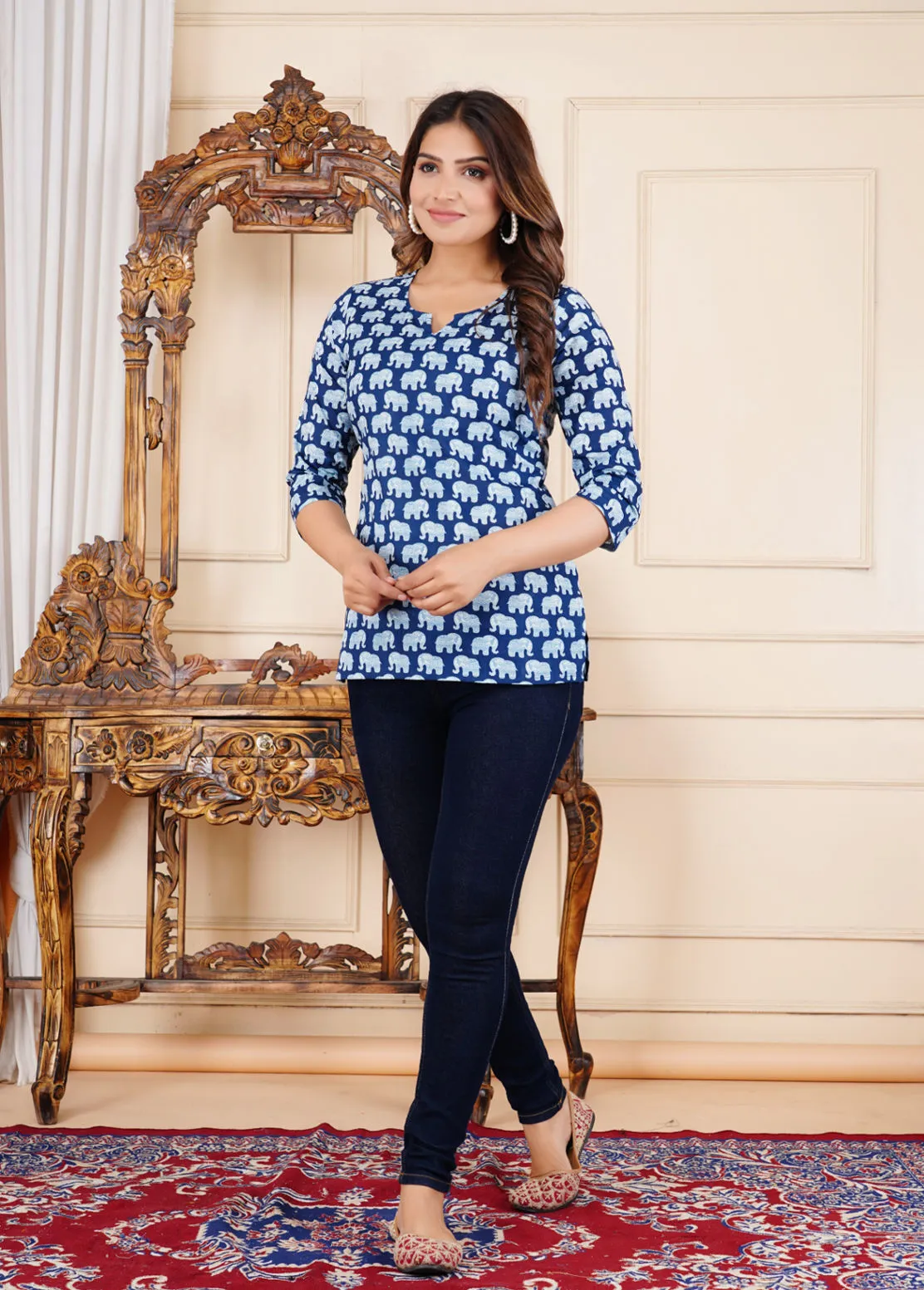 Indigo Hand Block Printed Women Kurta / Tunic / Top