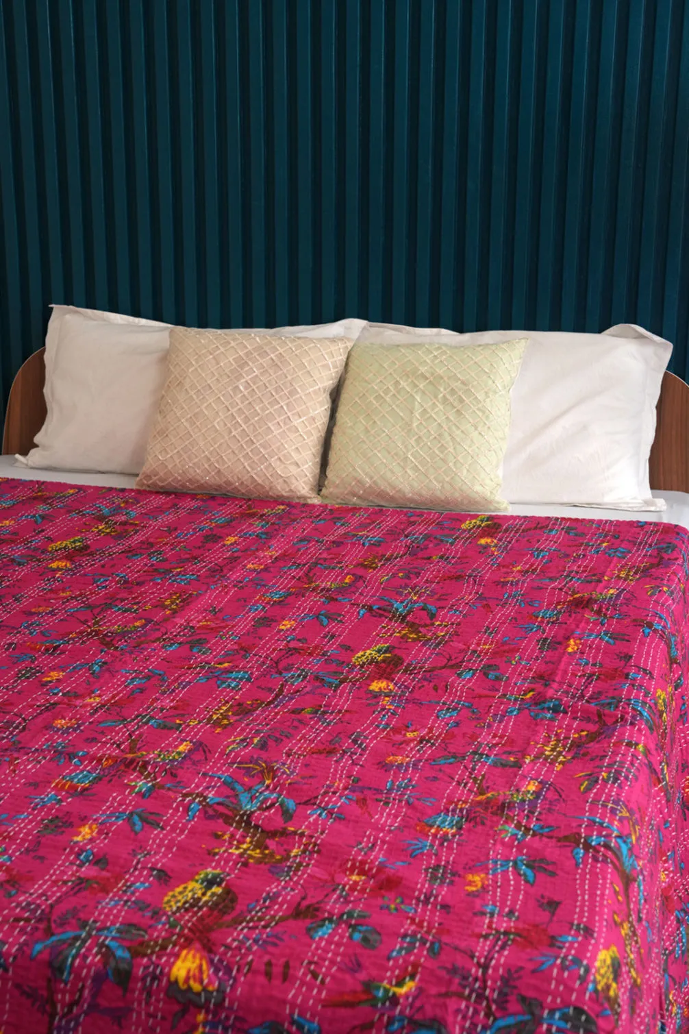 Pink Bird Cotton Kantha Quilt