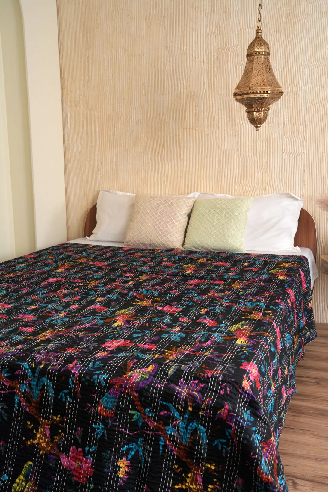 Handmade Cotton Kantha Bedspread Indian Vintage Black Kantha Quilt