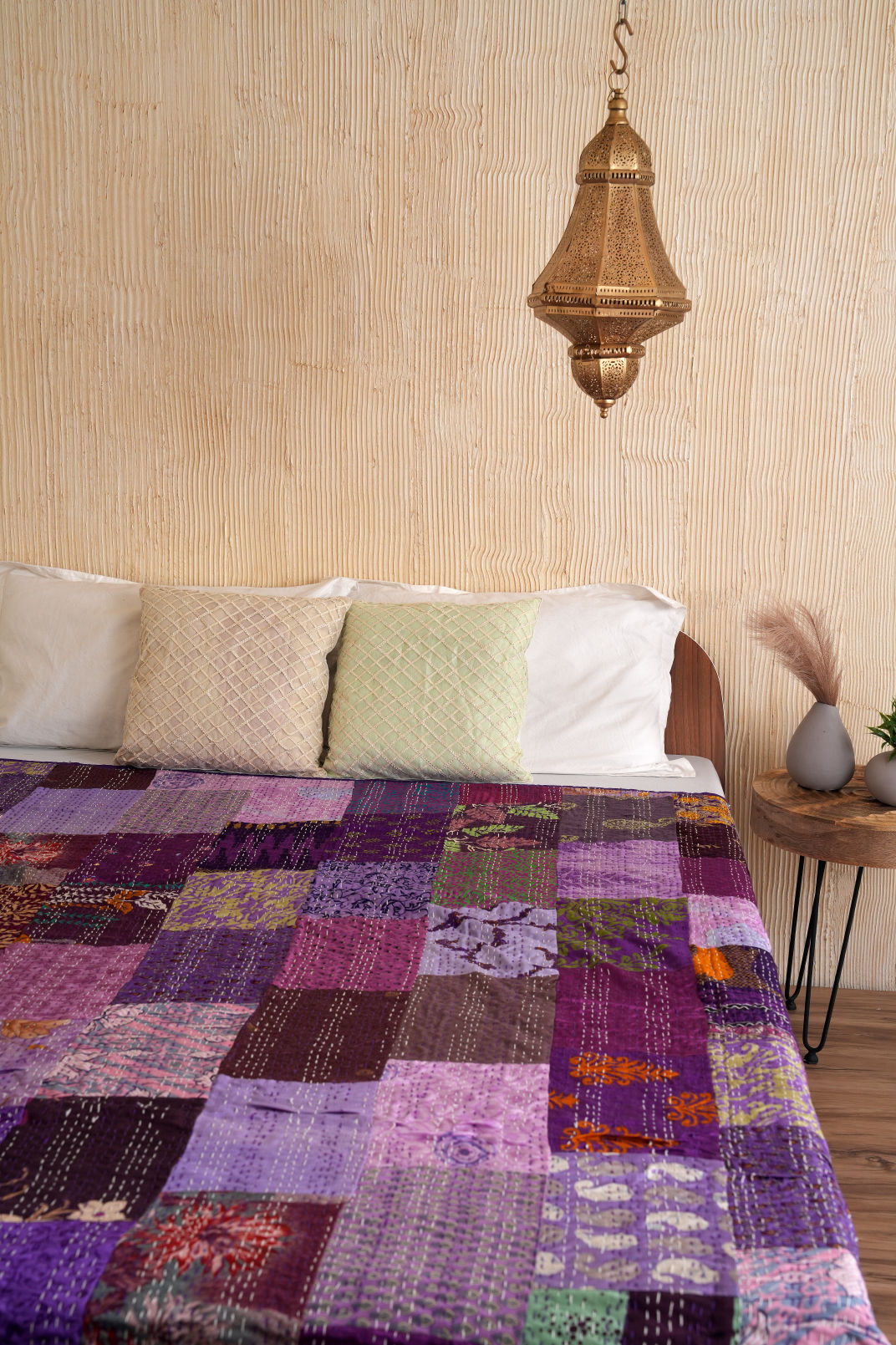 Silk Sari Kantha Quilt Purple Patchwork Bedspread