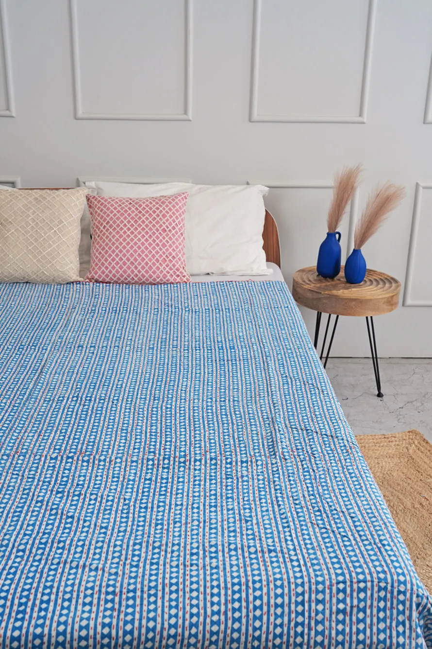 Indigo Hand Block Printed Diamond Kantha Bedspread