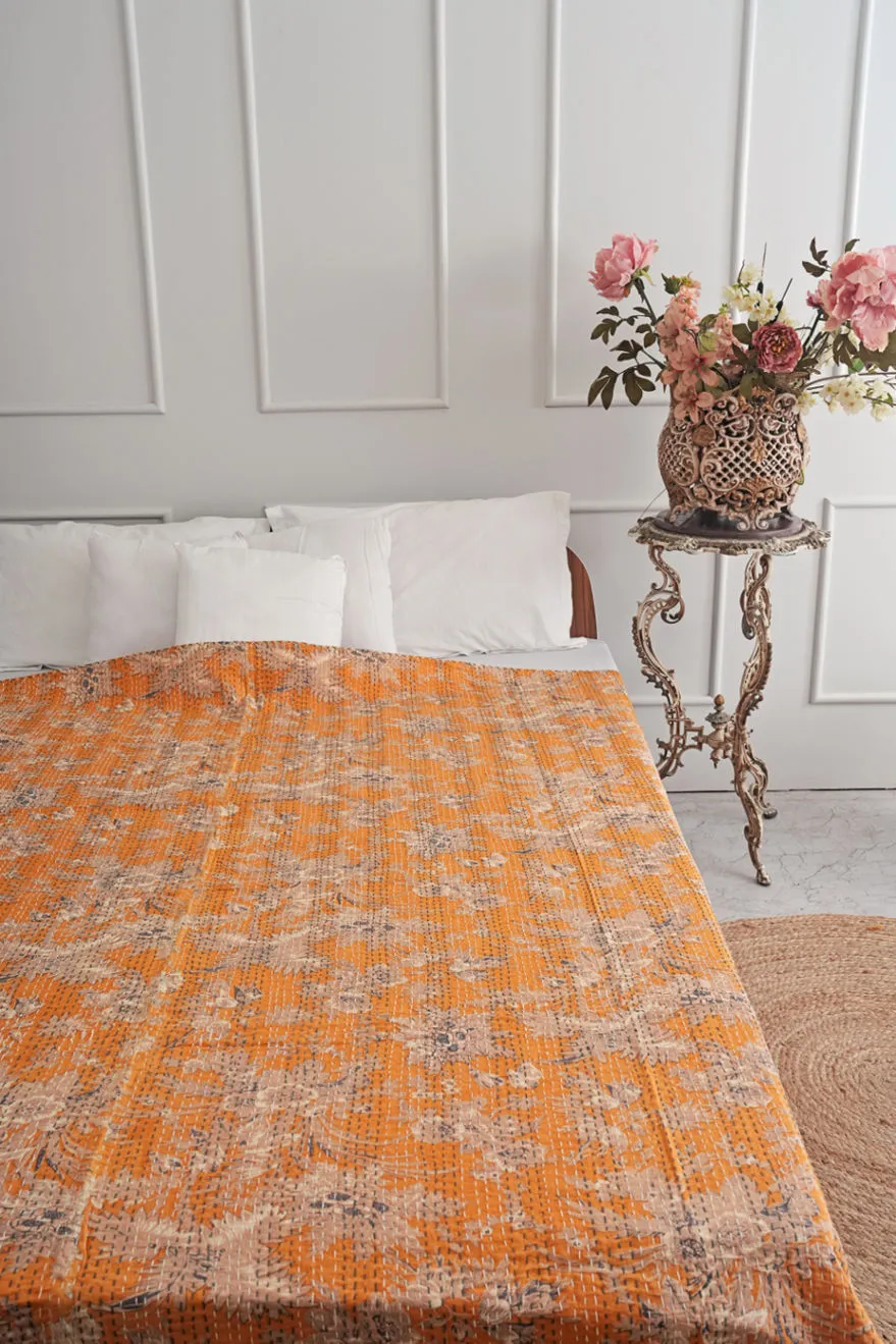 Mustard Yellow Floral Queen Kantha Quilt