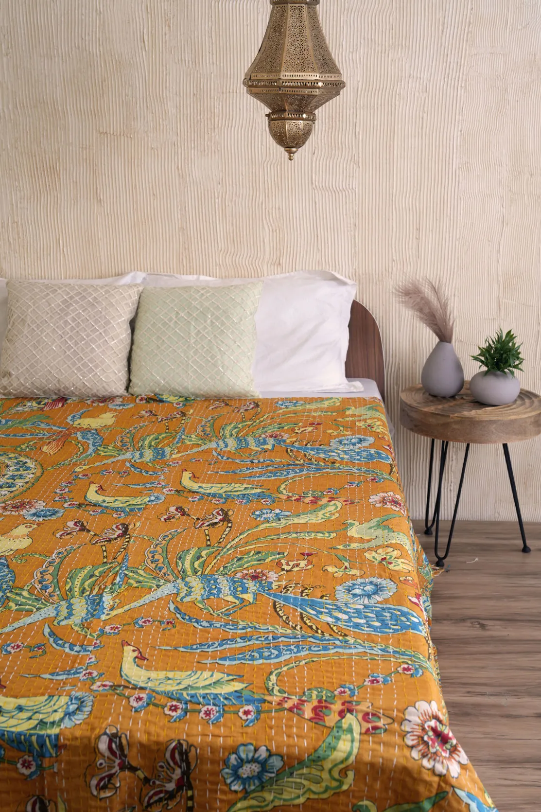 Peacock Kantha Quilt - Mustard Yellow