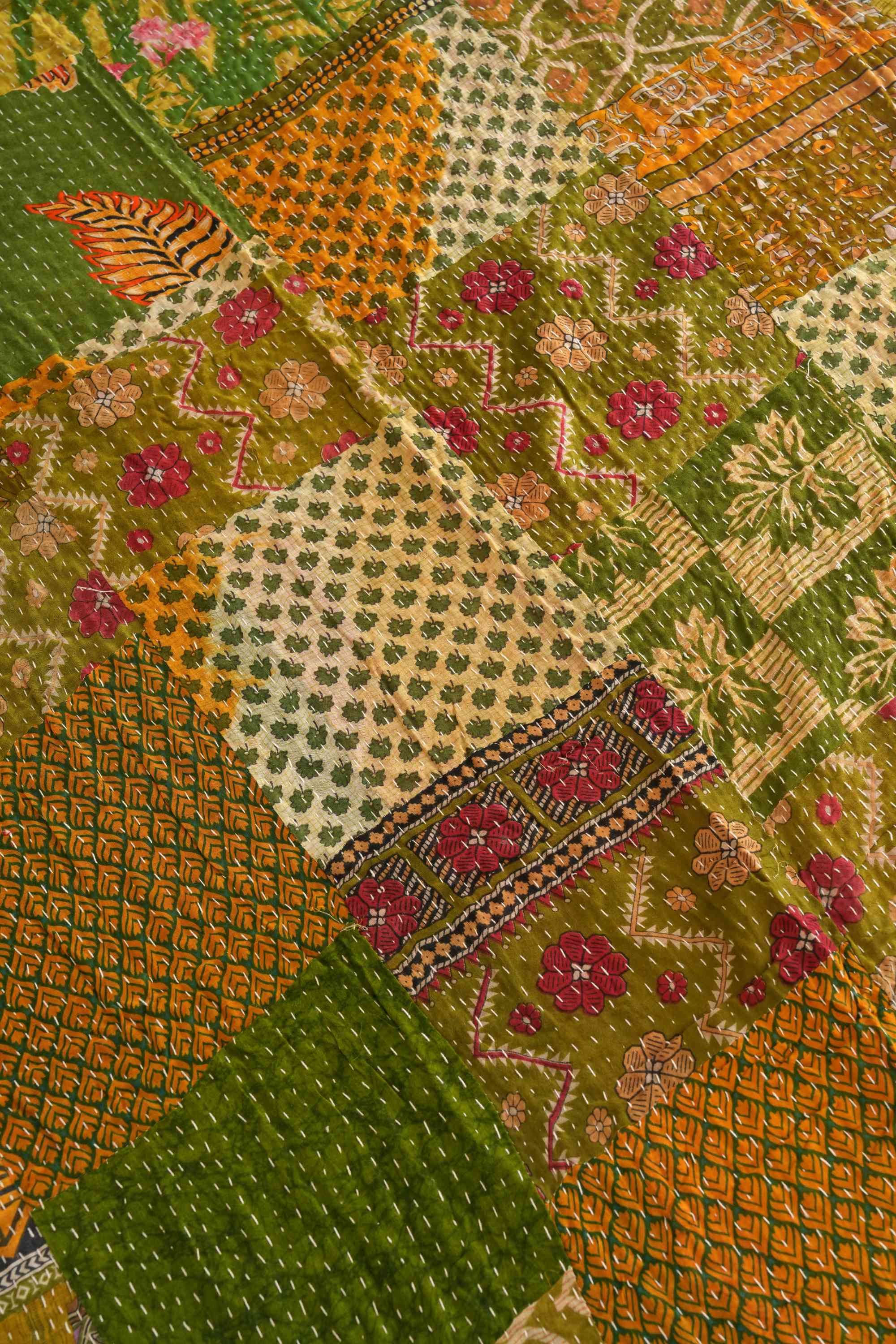 Handmade Green Vintage Patchwork Kantha Quilt