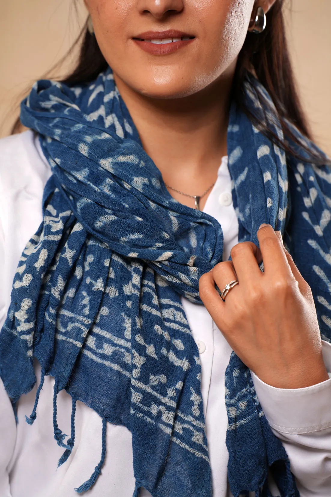 Geometric Hand Printed Cotton Indigo Blue Scarf - #D7