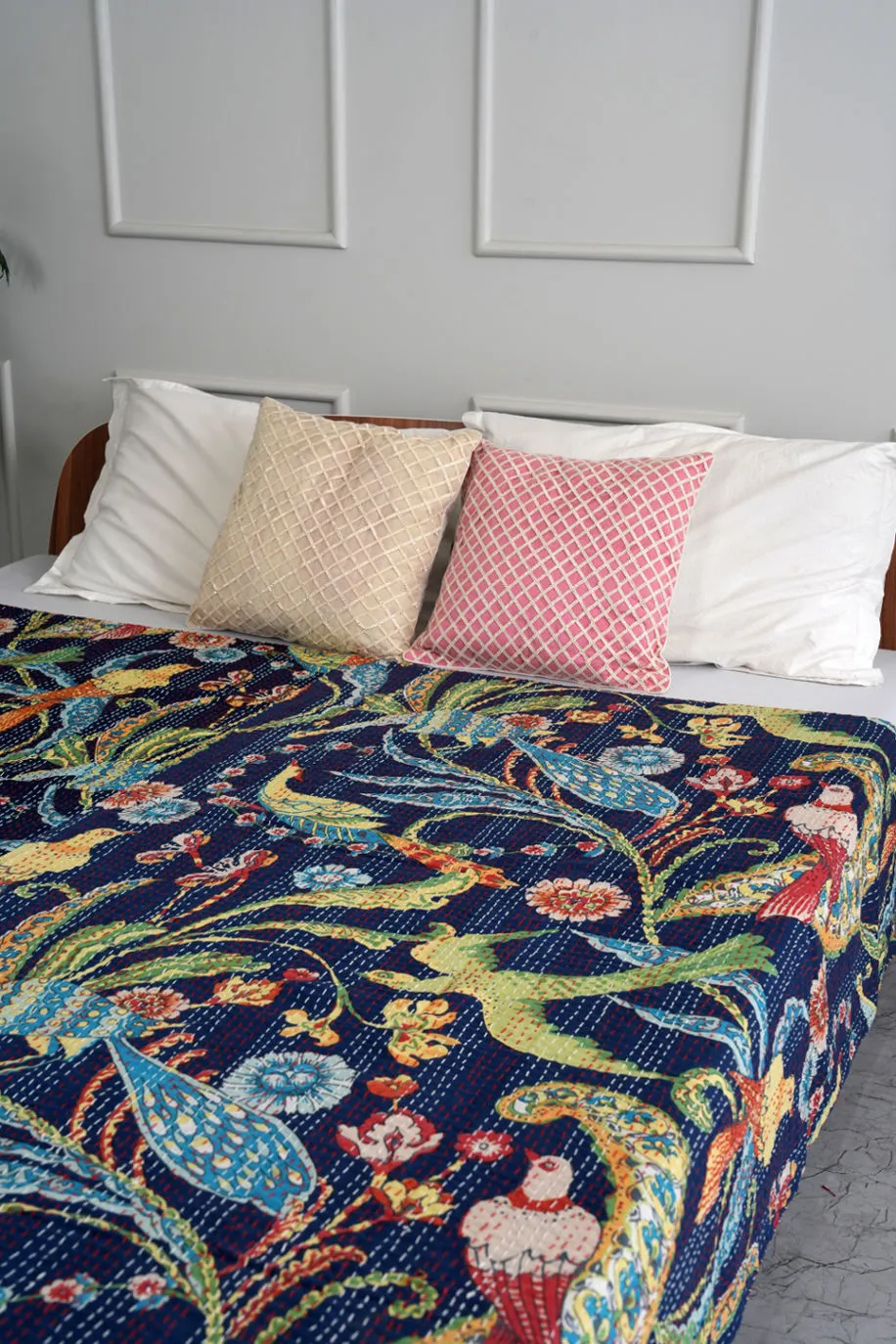 Peacock Kantha Quilt - Blue