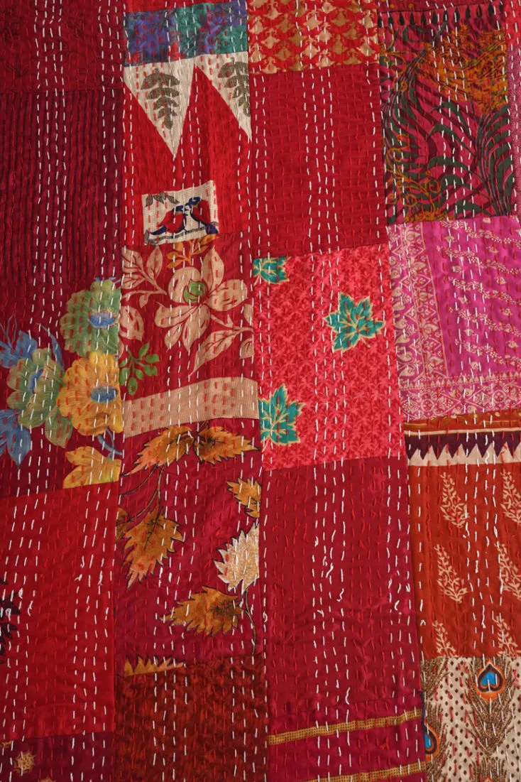 Red Vintage Silk Sari Kantha Bedspread