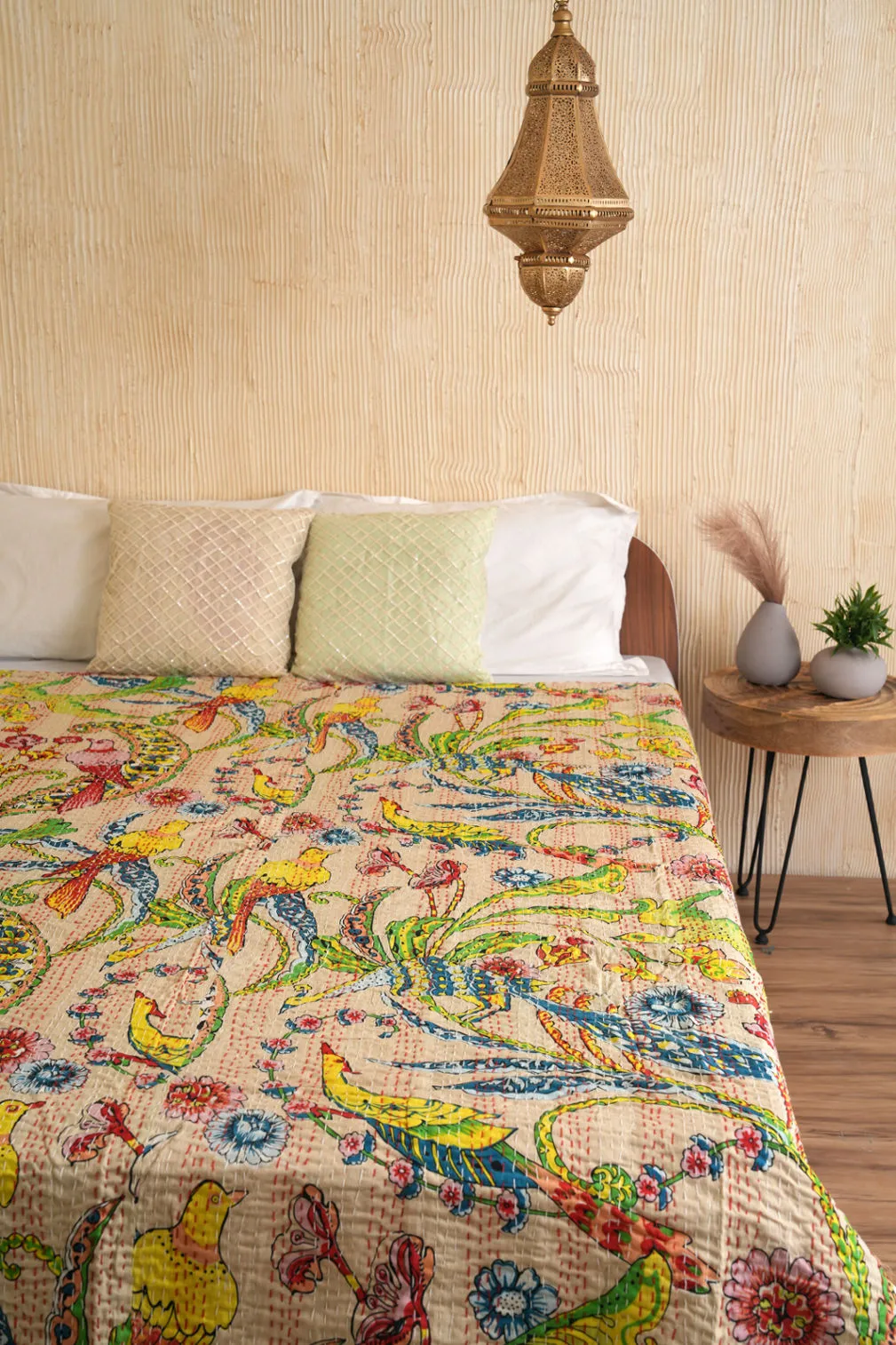 Peacock Kantha Quilt - Beige