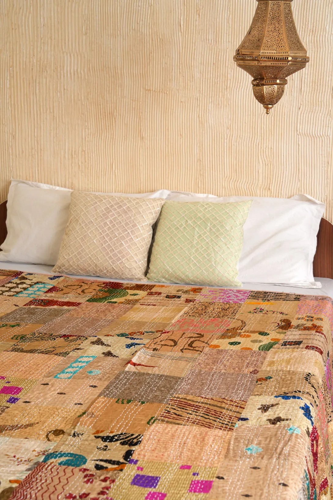 Handmade Vintage Kantha Quilt in Beige Silk, Patchwork Bedding, Boho Bedroom Decor