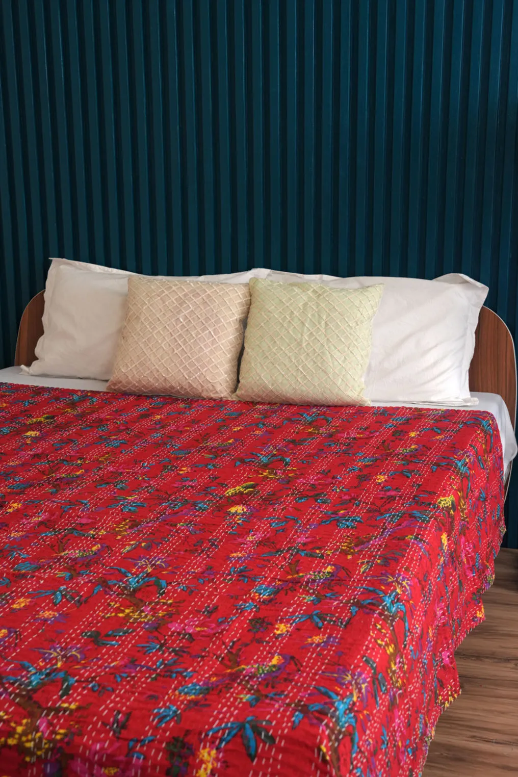 Handmade Red Kantha Quilt, Bird and Flower Print, Cotton Bedspread, Floral Blanket, Boho Home Decor