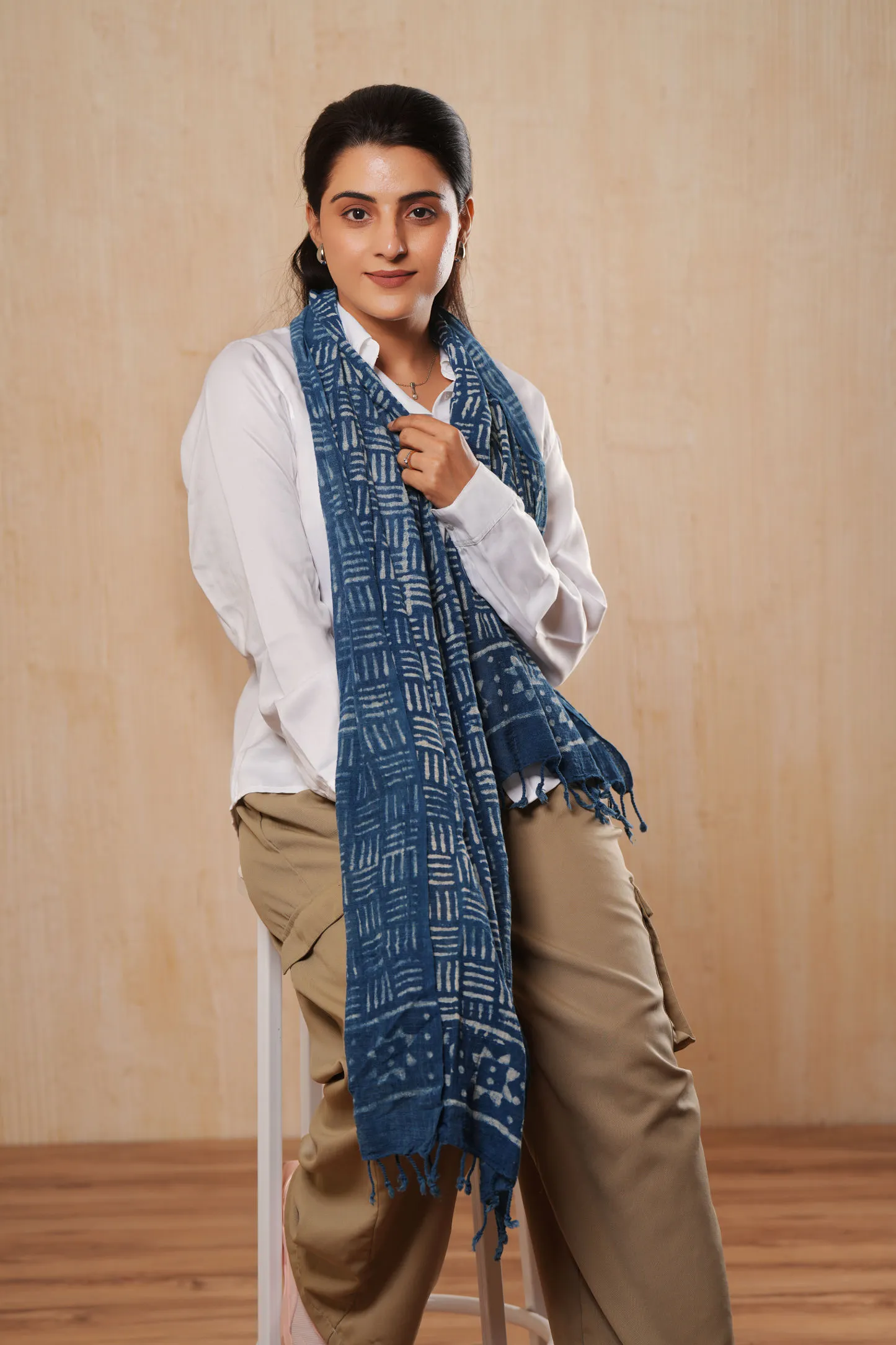 Hand Printed Cotton Indigo Blue Scarf - #D8