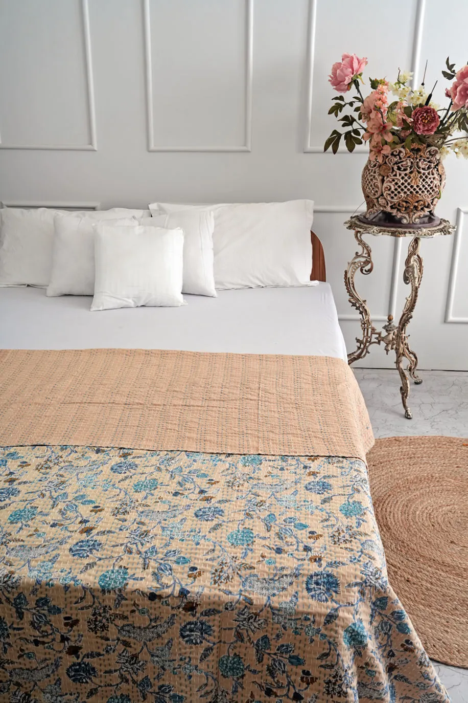 Beige Floral Queen Kantha Quilt