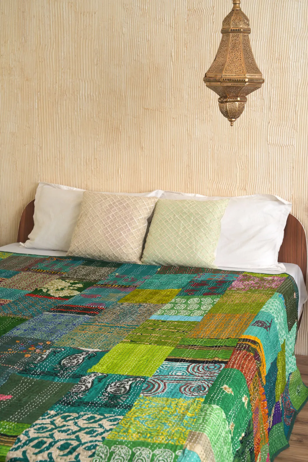 Green Patchwork Silk Kantha Bedspread