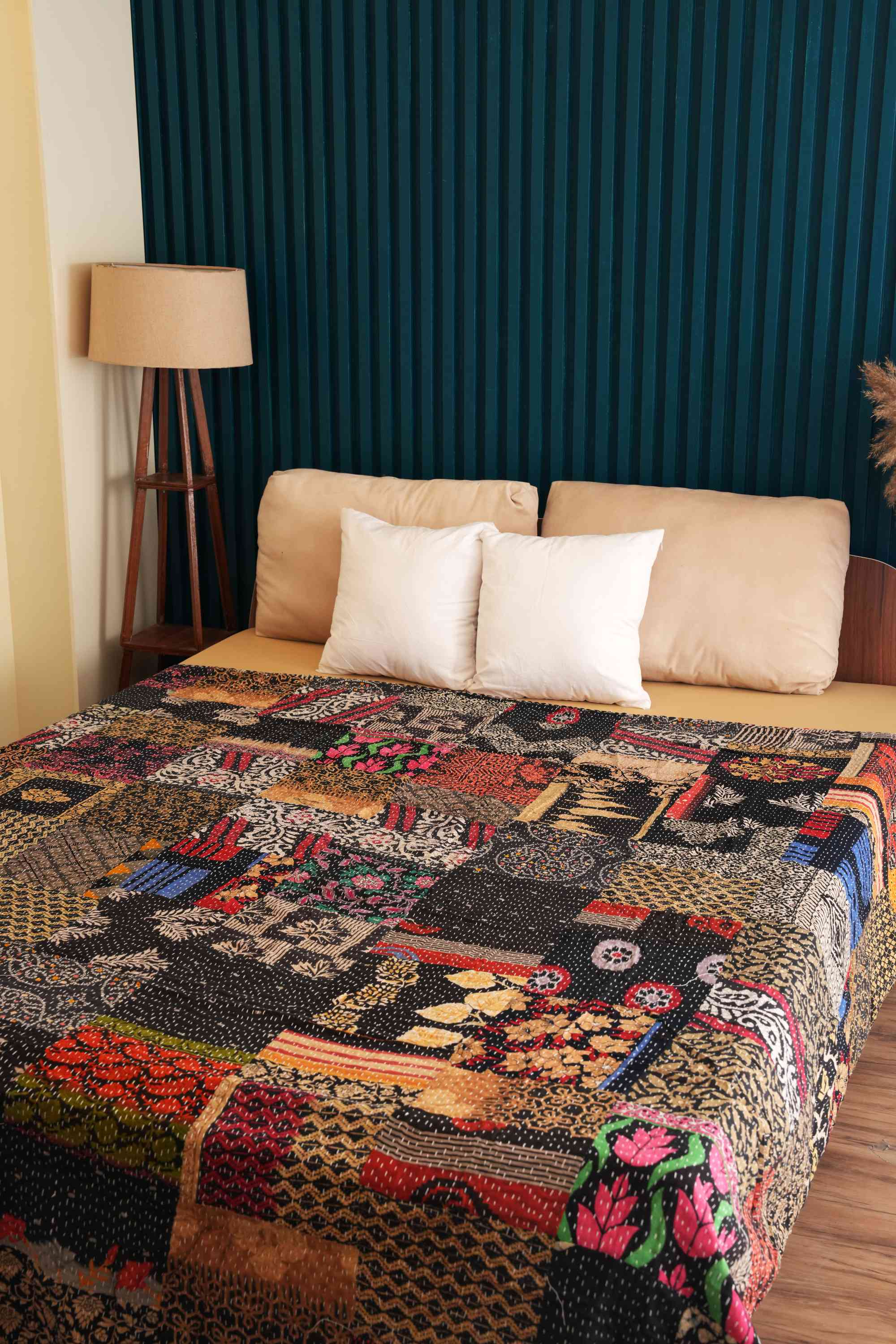 Handmade Black Vintage Patchwork Kantha Quilt