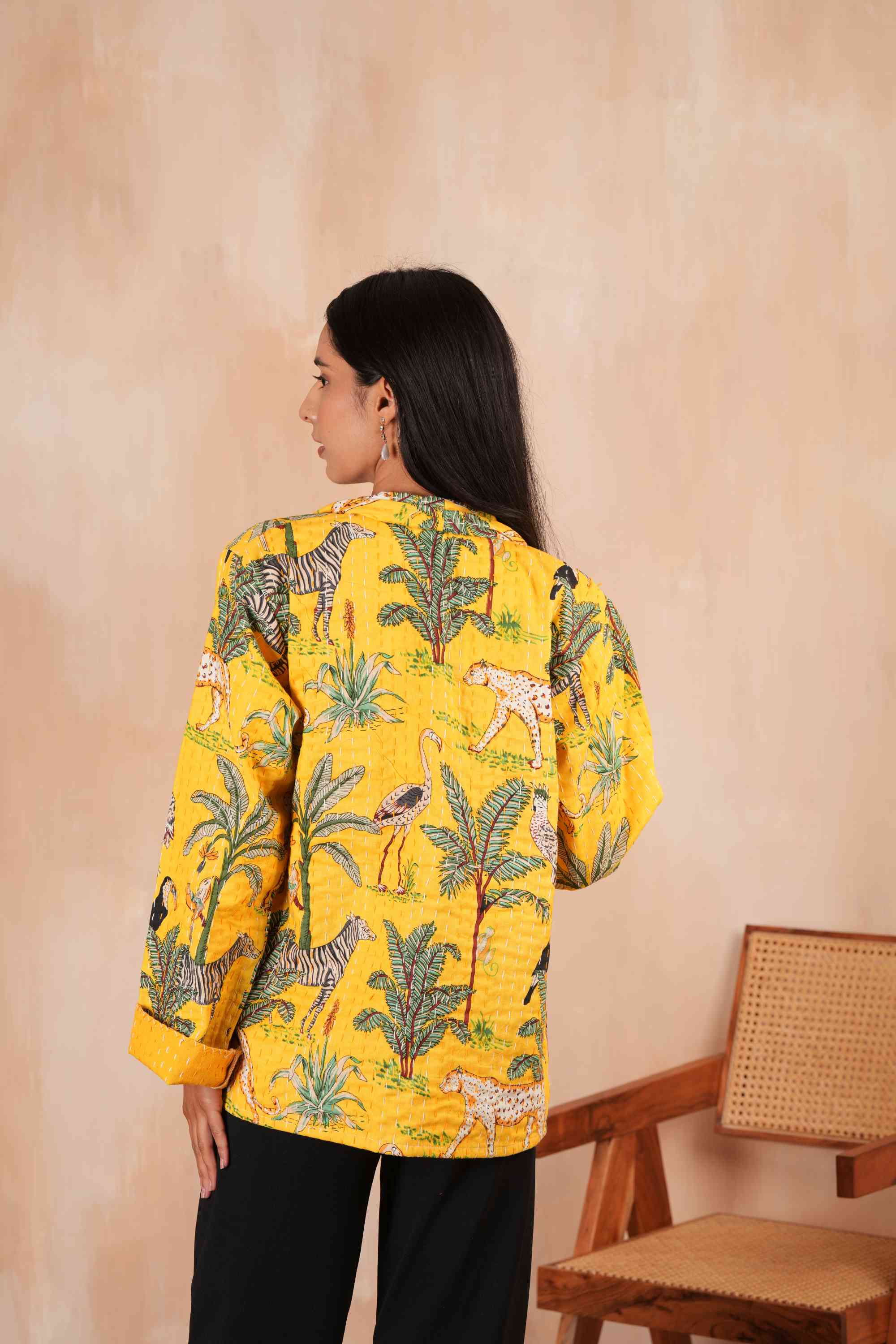 Handmade Cotton Yellow Safari Cheetah Jungle Kantha Jacket