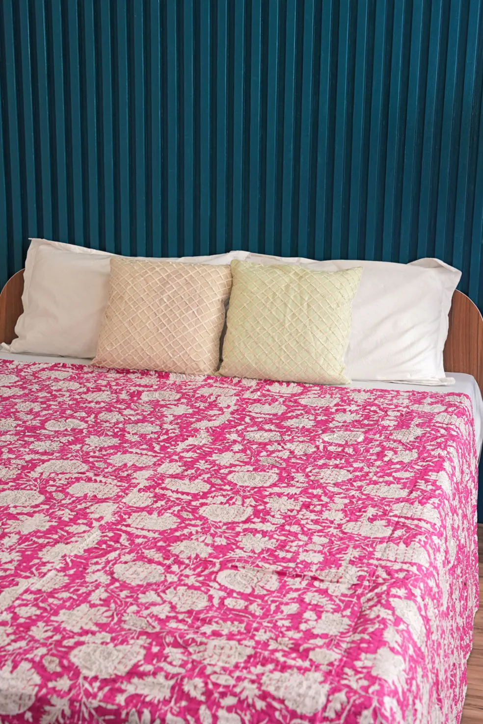 Pink Printed Cotton Leafy Kantha Bedspread