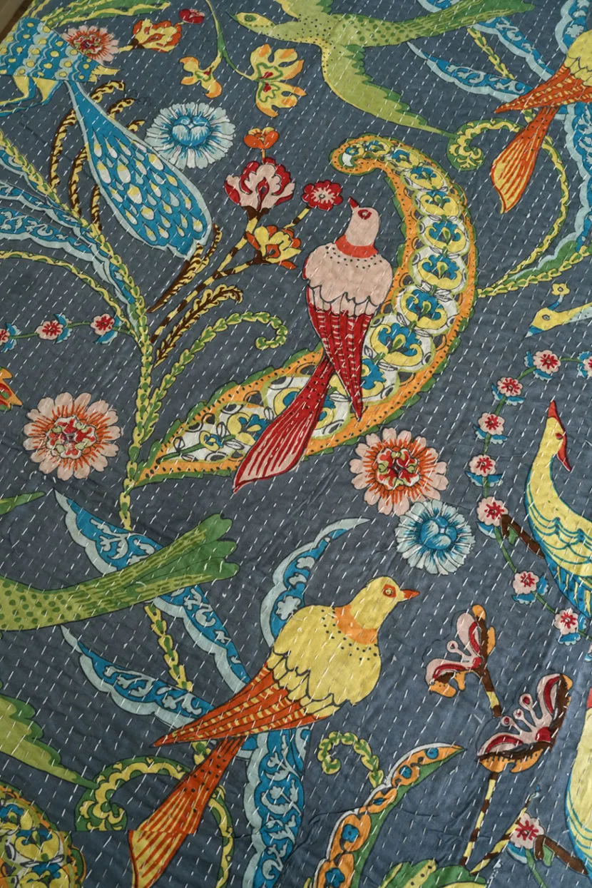 Peacock Kantha Quilt - Grey