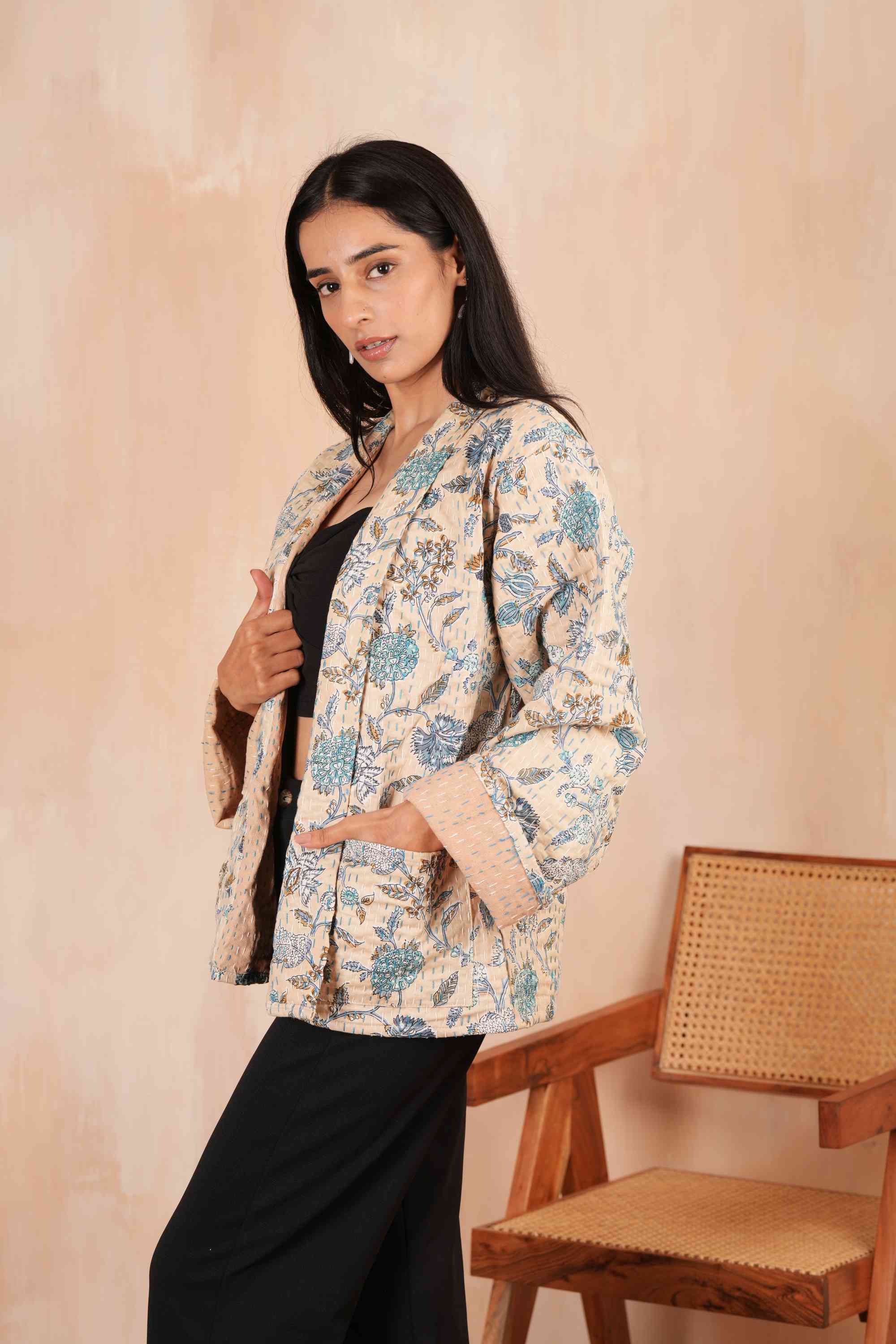 Beige Floral Printed Boho Kantha Jacket