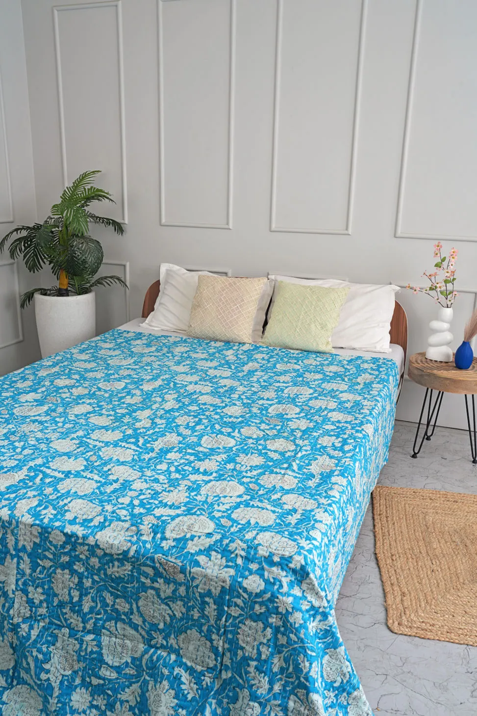 Turquoise Leafy Kantha Bedspread