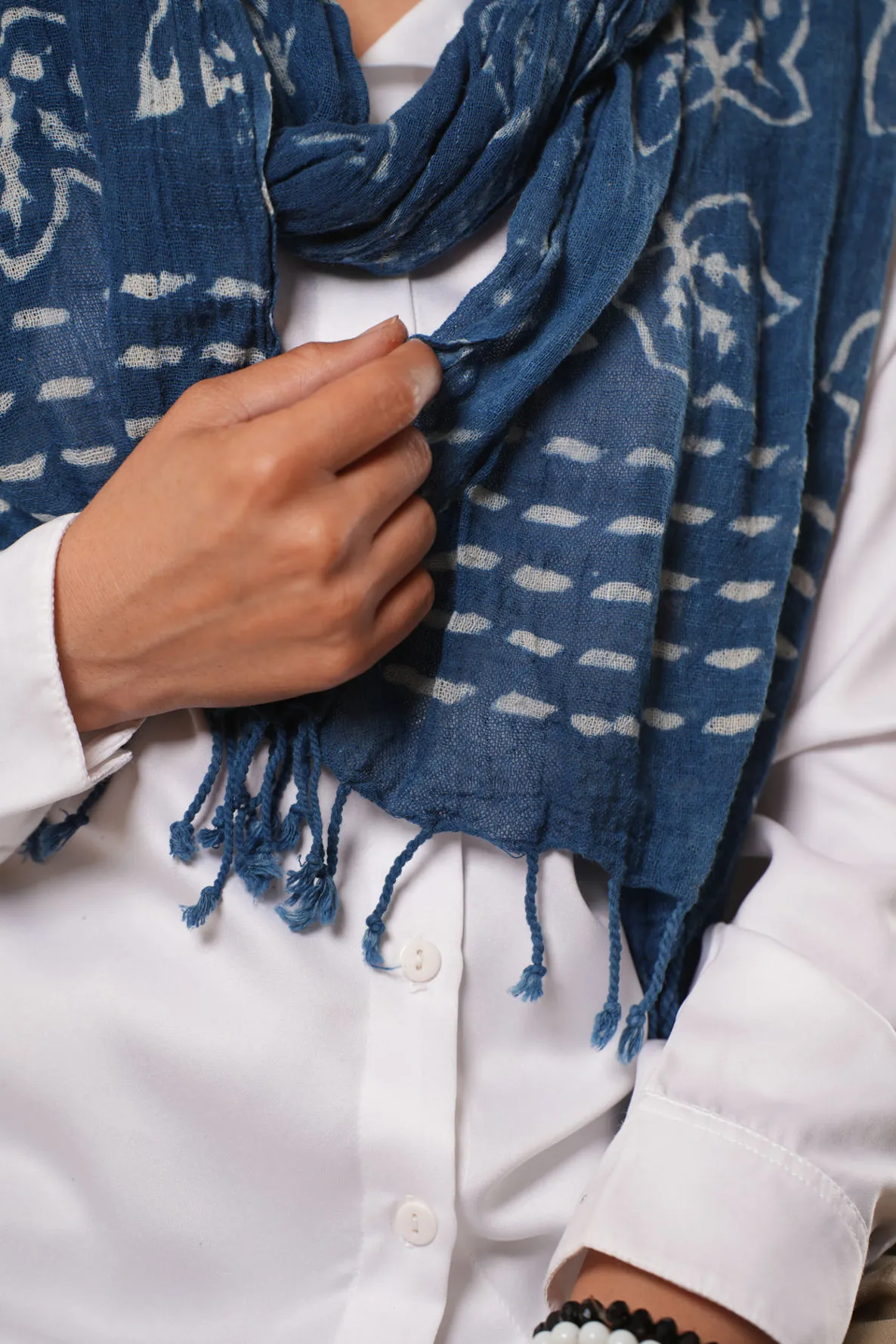 Indigo Blue Block Printed Cotton Scarf - #D1