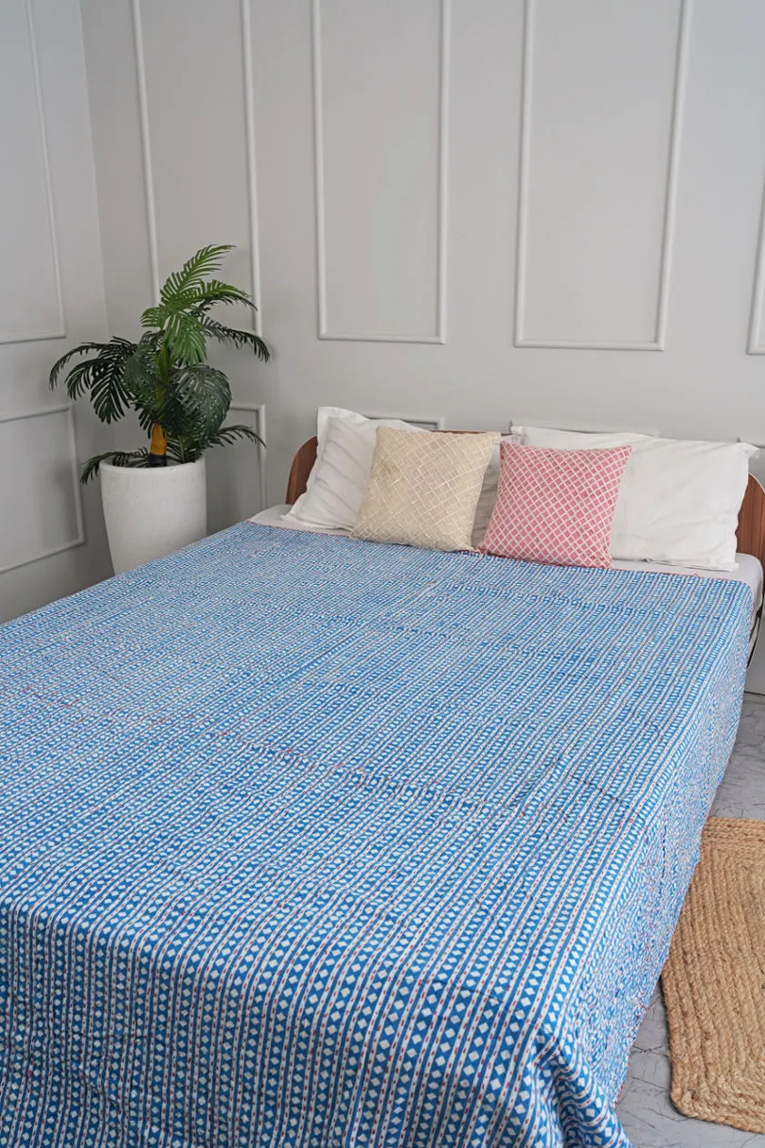 Indigo Hand Block Printed Diamond Kantha Bedspread