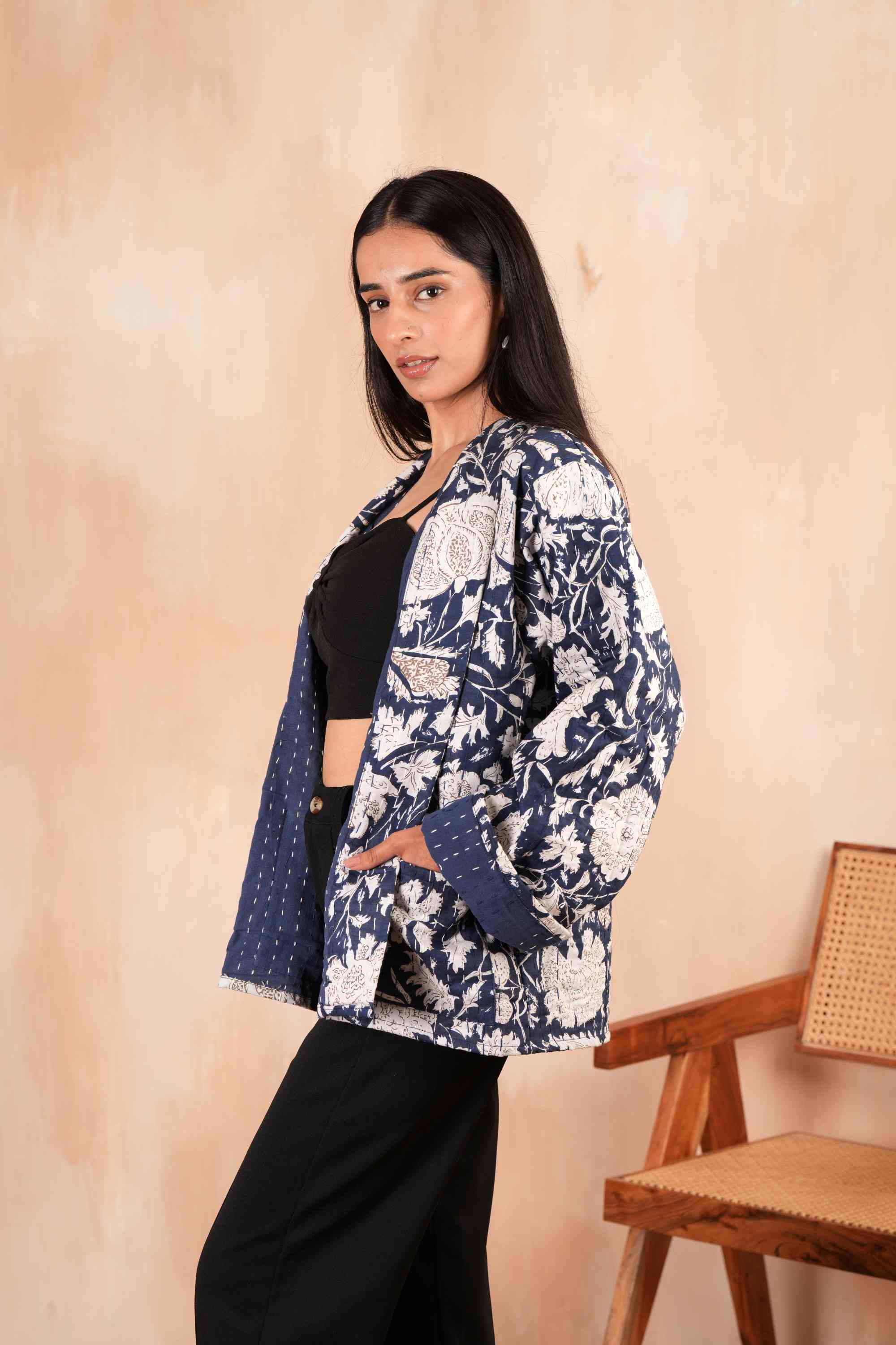 Handmade Blue Cotton Leafy Kantha Jacket