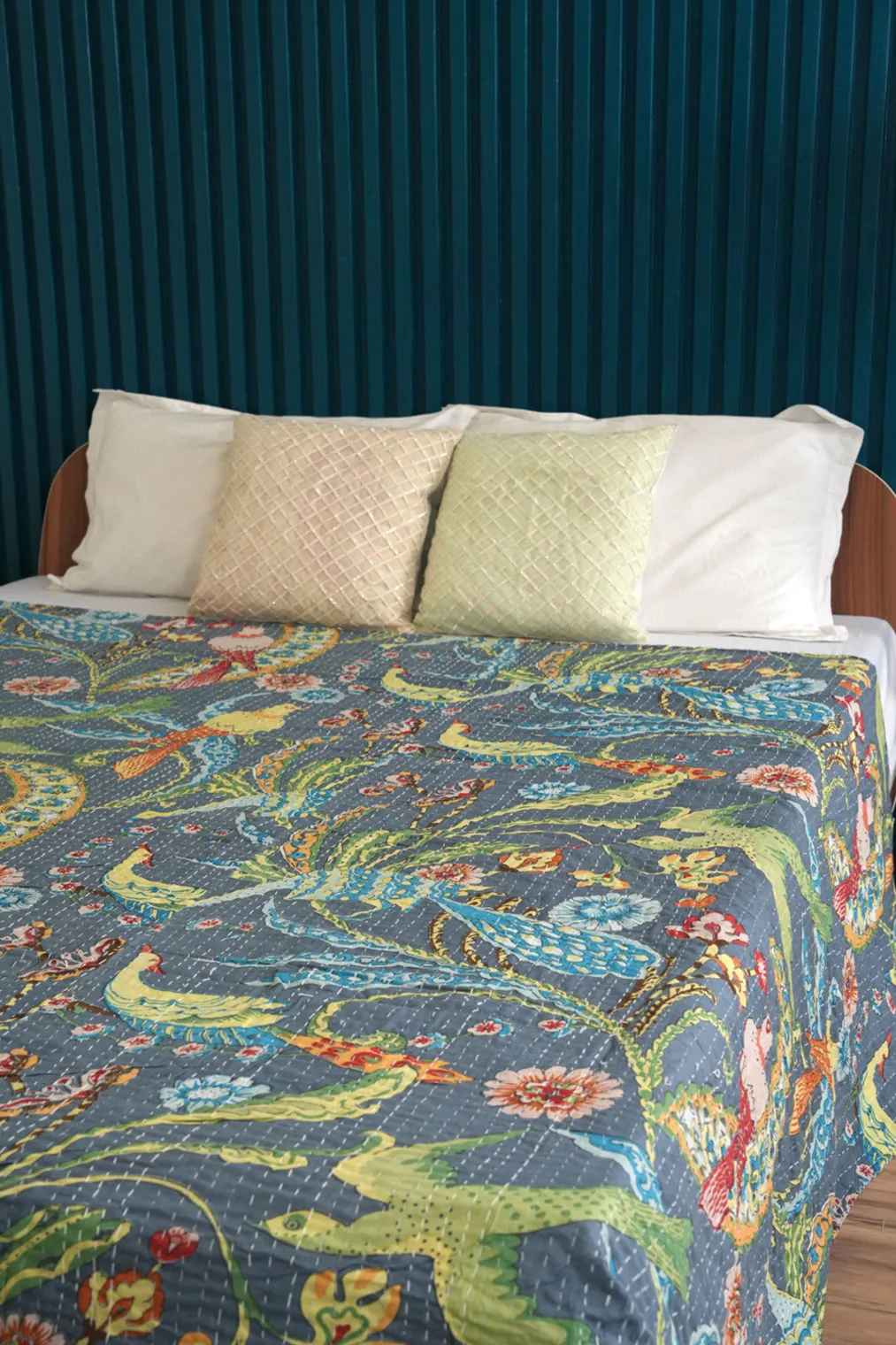 Peacock Kantha Quilt - Grey