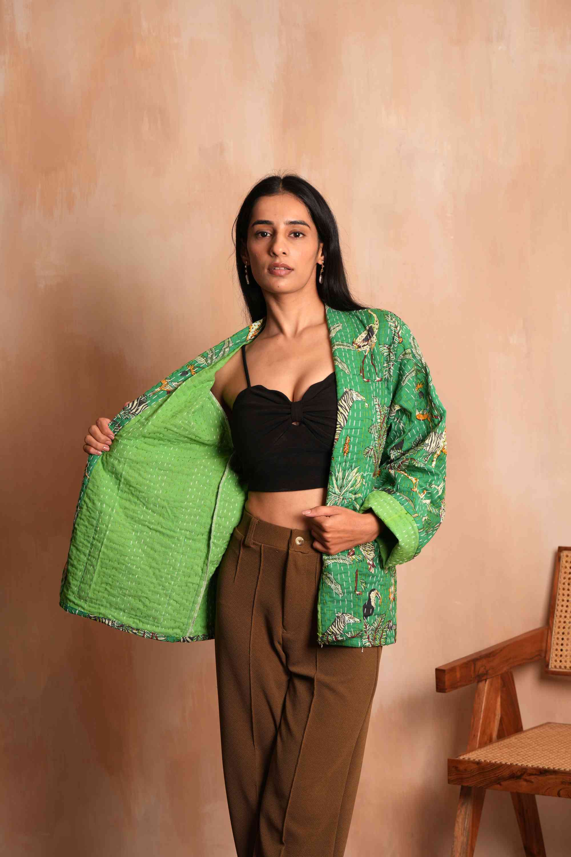 Handmade Jangal Cotton Kantha Jacket Green