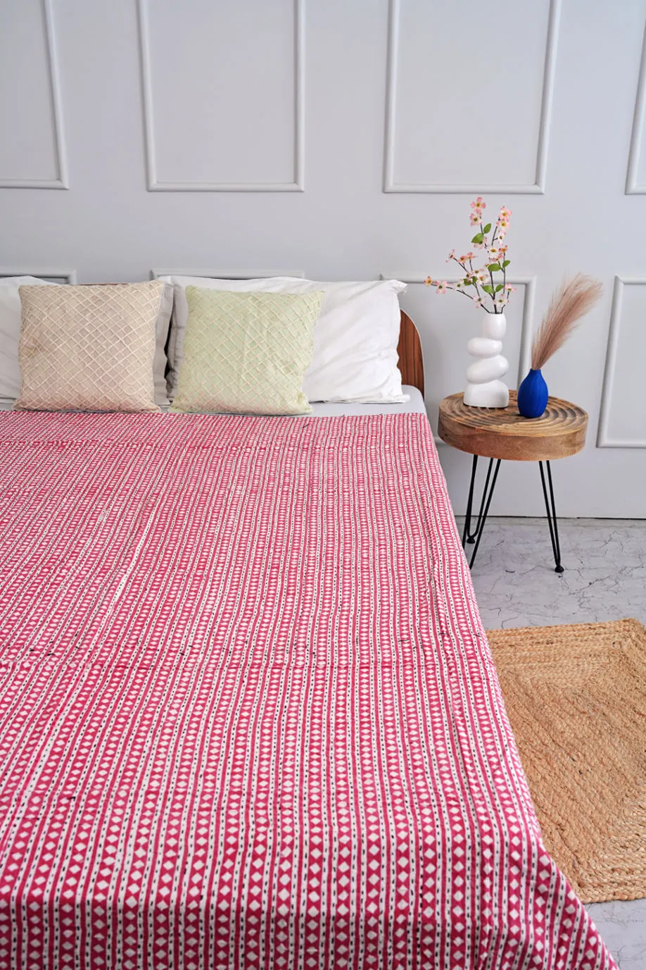 Minimalist Printed Diamond Queen Kantha Quilt