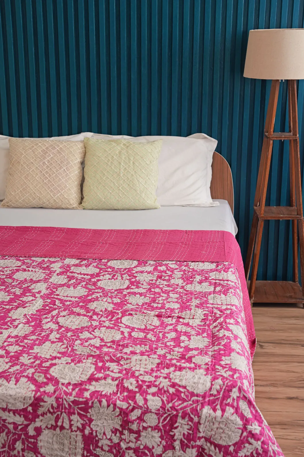 Pink Printed Cotton Leafy Kantha Bedspread