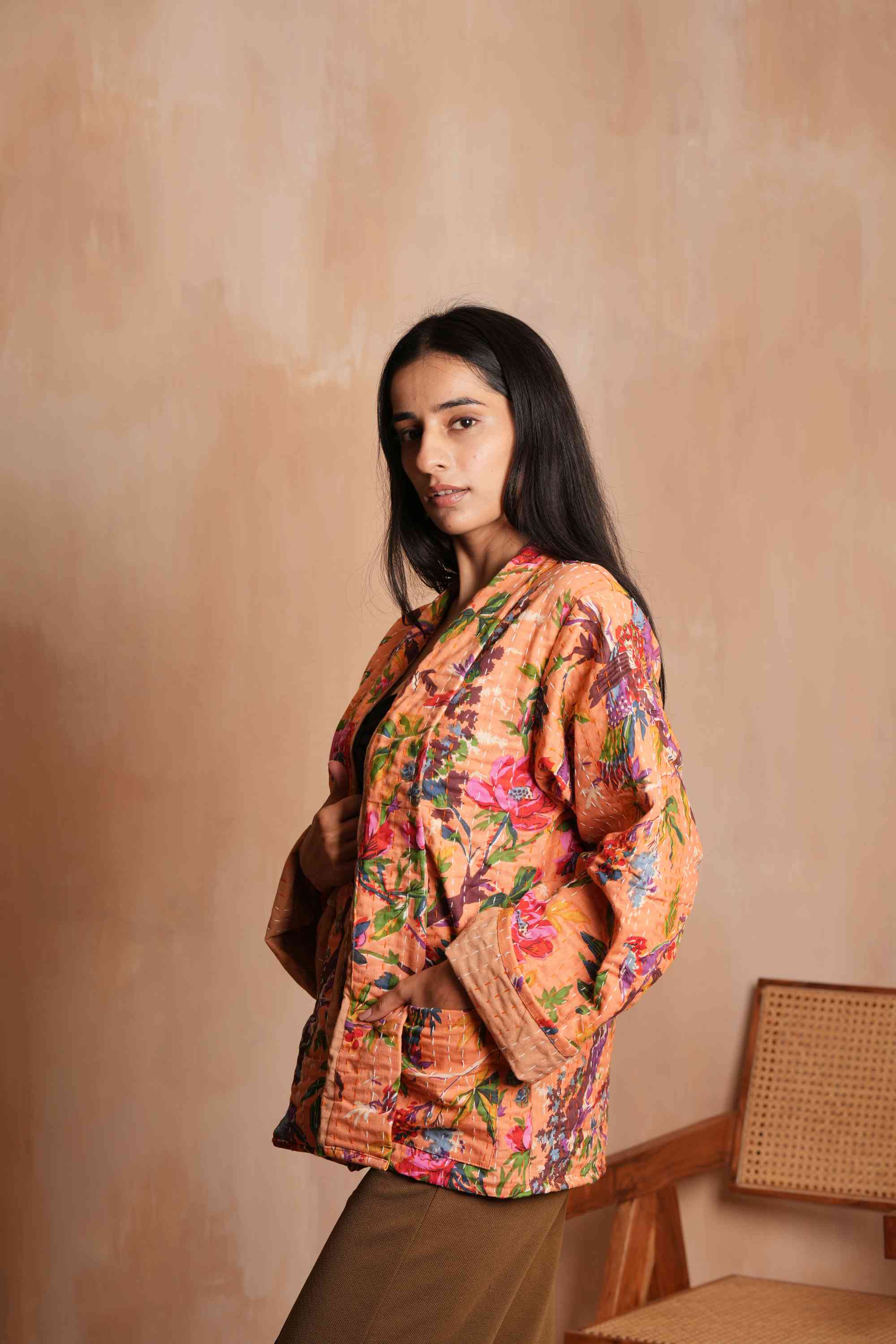 Handmade Flower Cotton Kantha Jacket Peach