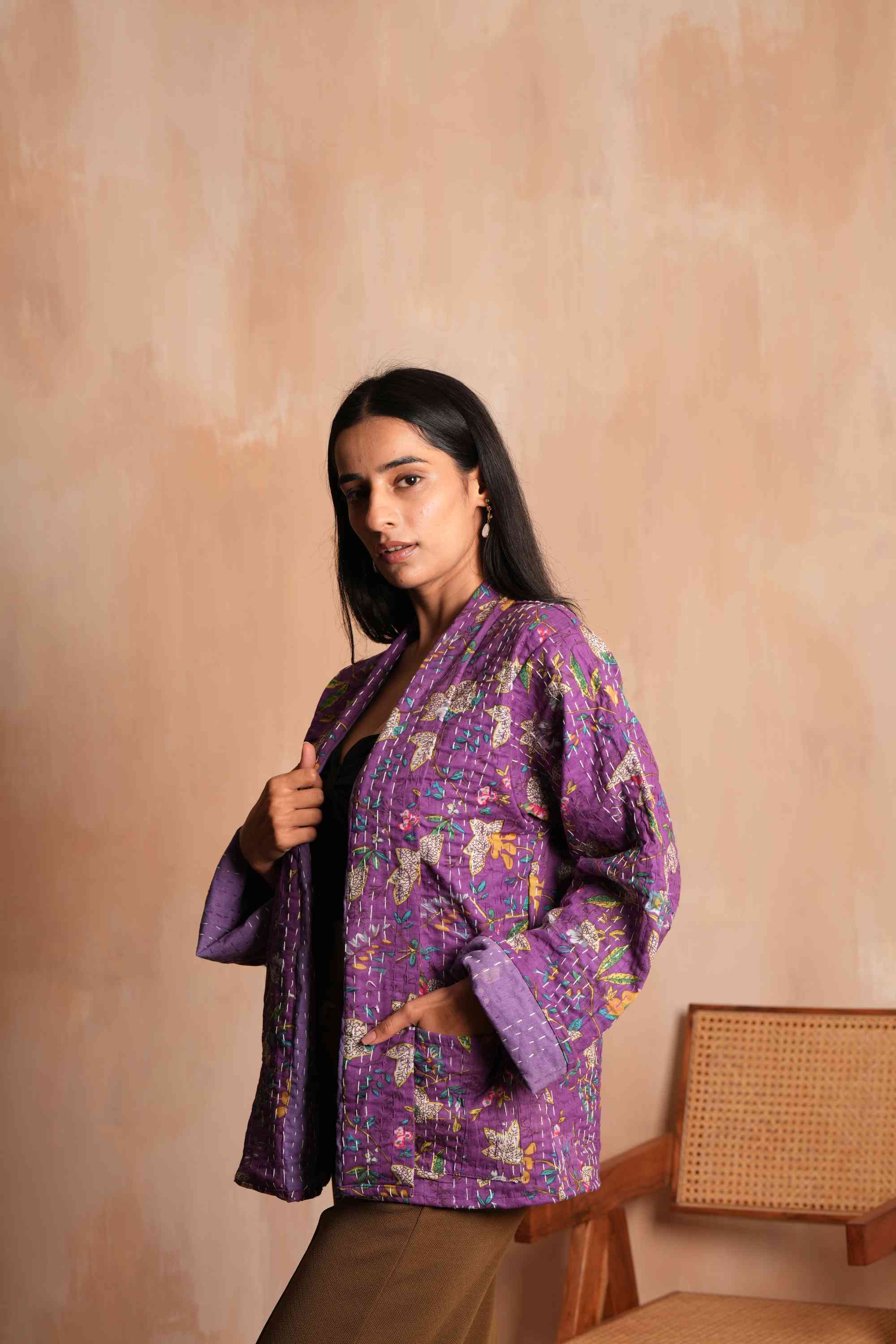 Handmade Flower Cotton Kantha Jacket Purple