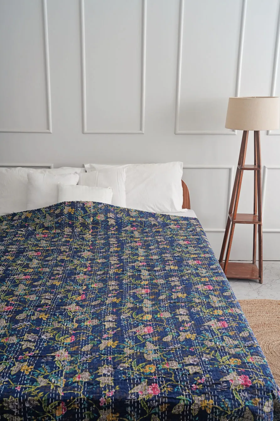 Blue Floral Kantha Bedspread