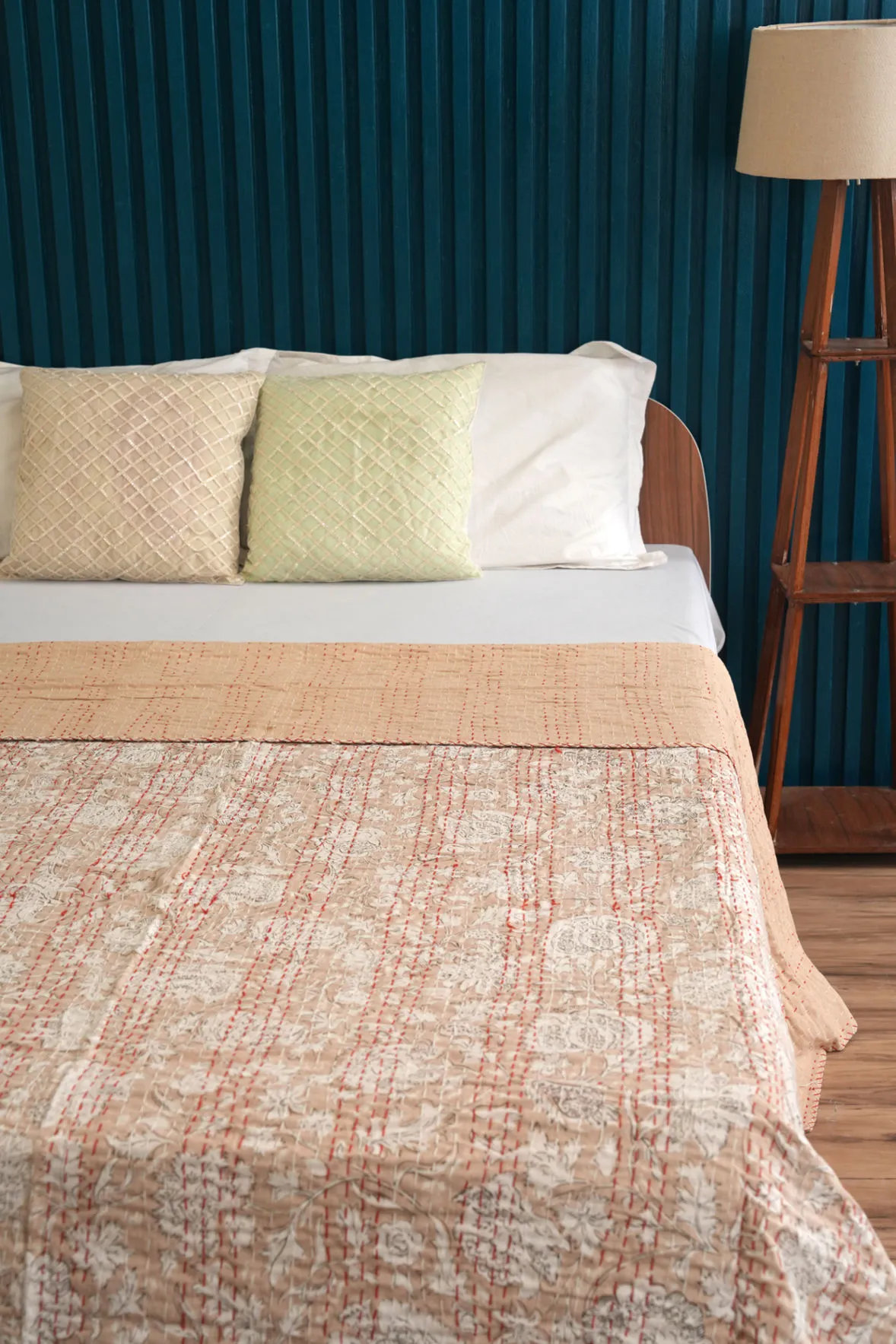 Beige Minimal Printed Kantha Quilt