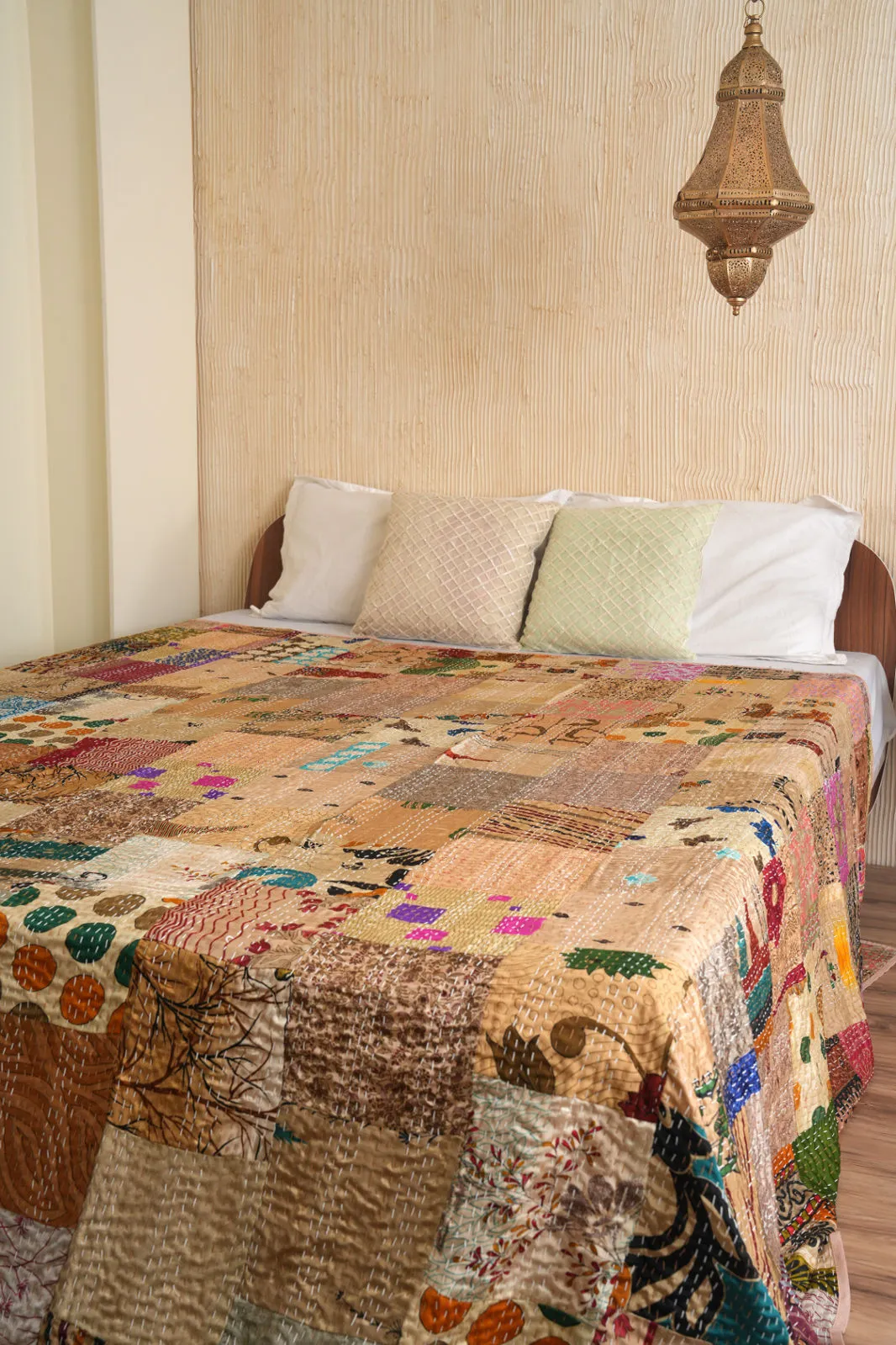 Handmade Vintage Kantha Quilt in Beige Silk, Patchwork Bedding, Boho Bedroom Decor