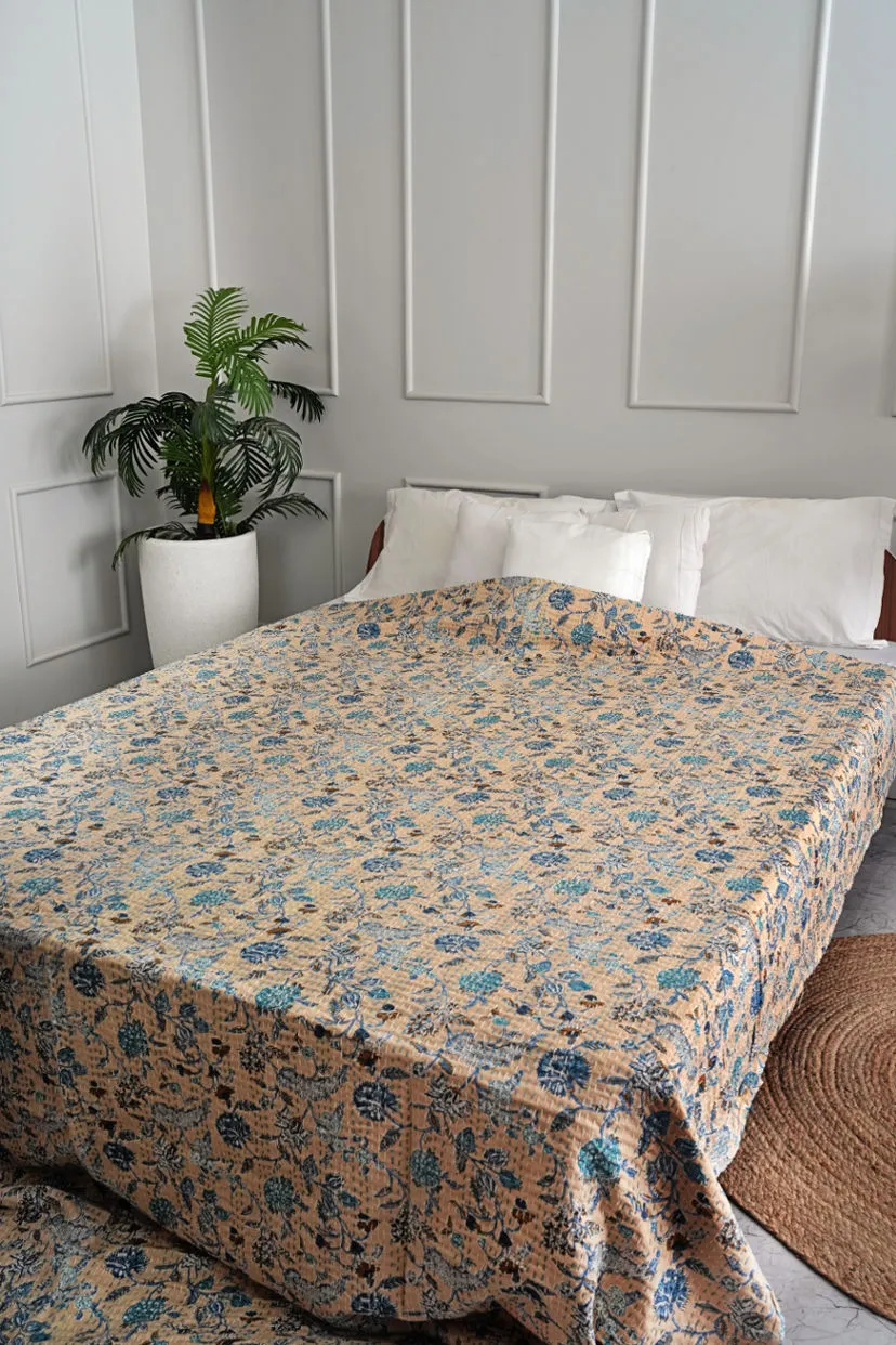 Beige Floral Queen Kantha Quilt