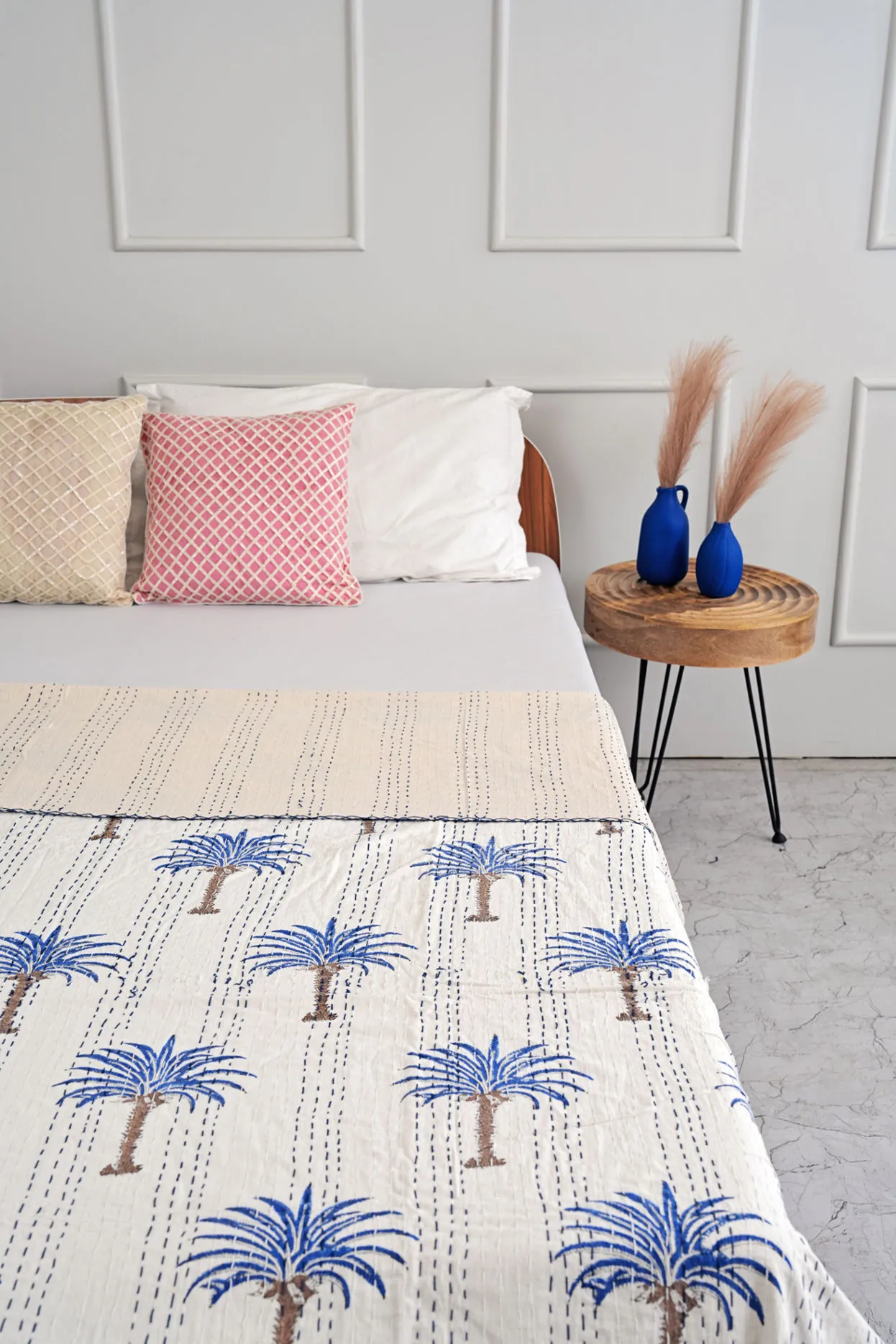 Blue Palm Tree Kantha Quilt