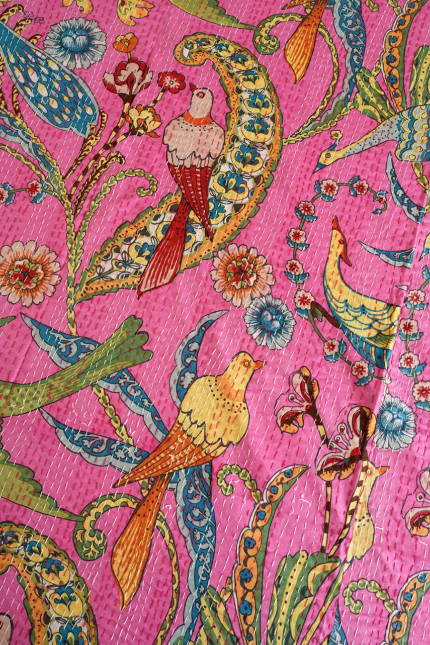 Peacock Kantha Quilt - Pink