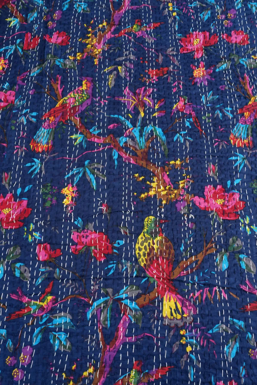 Blue Birds & Flowers Kantha Bedspread