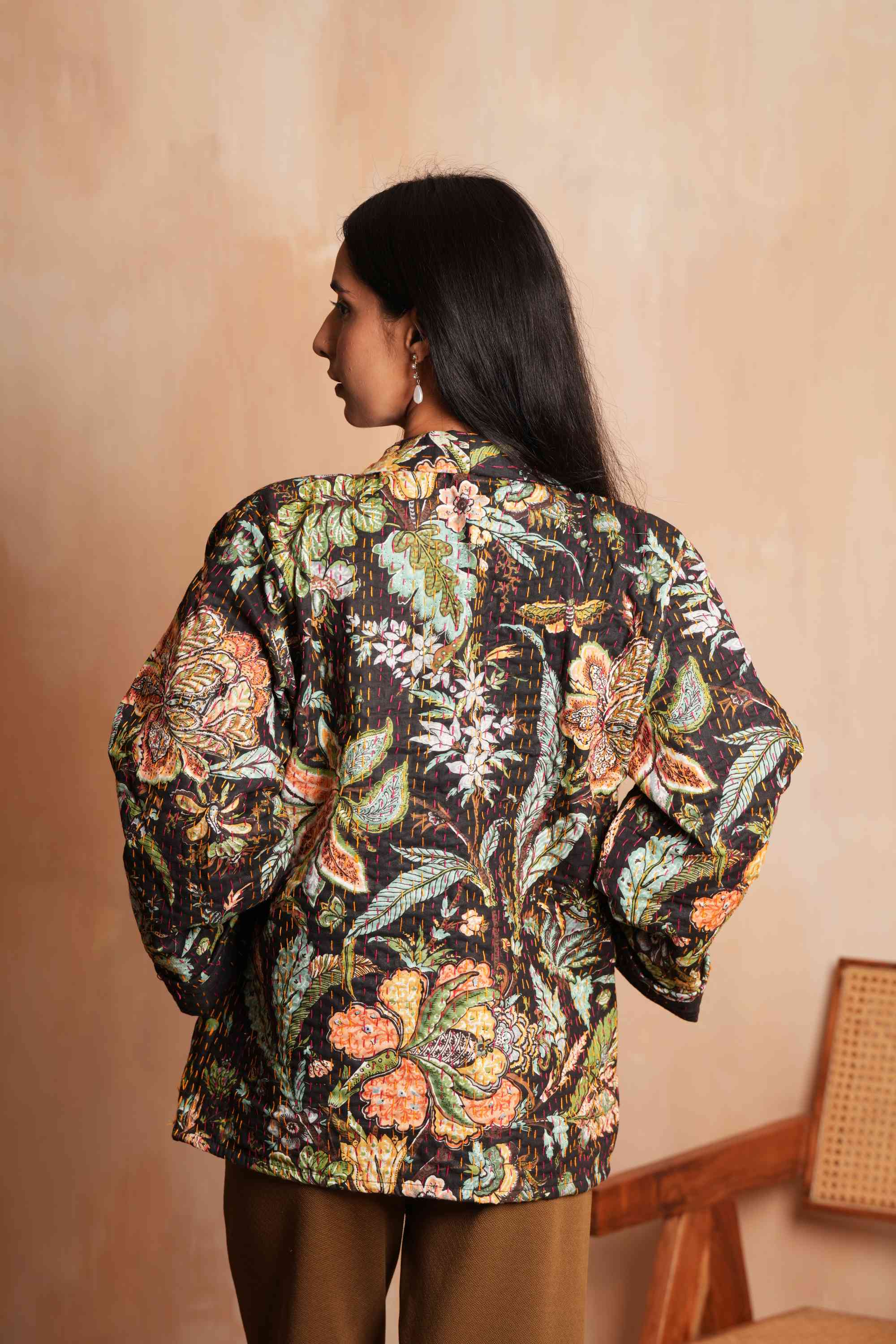 Wildflower Black Cotton Handmade Boho Kantha Jacket