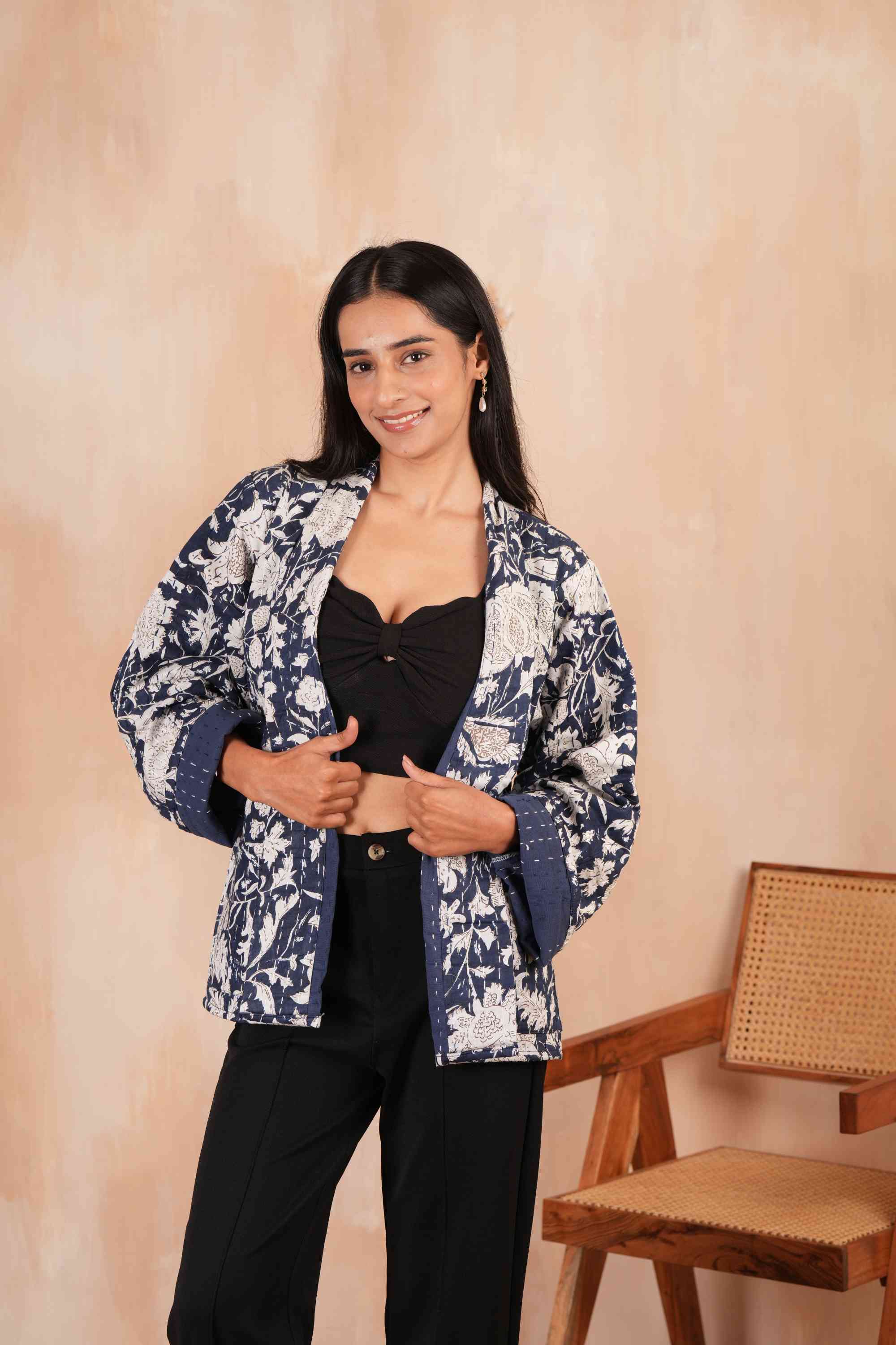 Handmade Blue Cotton Leafy Kantha Jacket