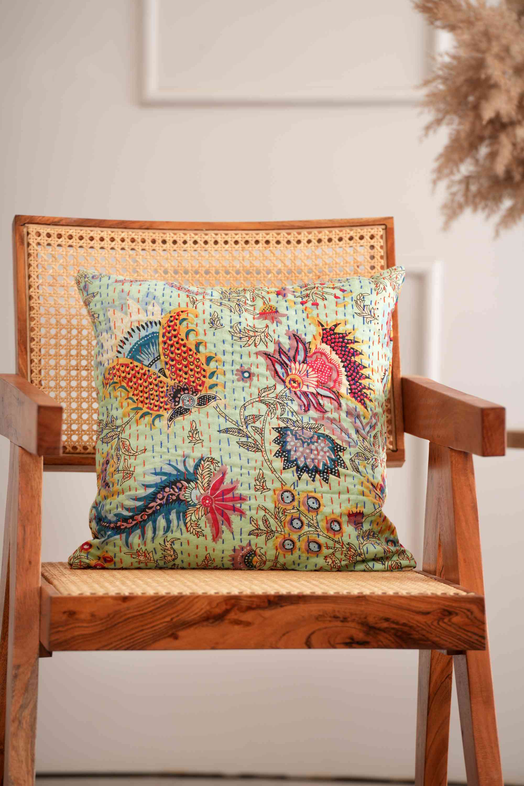 Handmade Cotton Green Wildflower Print Kantha Cushion Cover