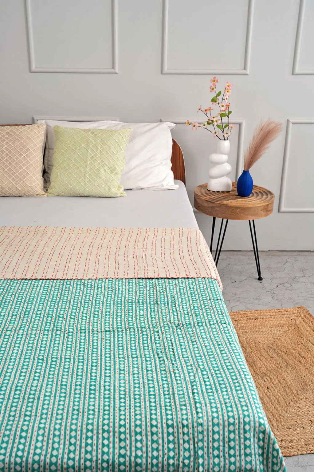 Kantha Quilt in Luxurious Turquoise Diamond Print