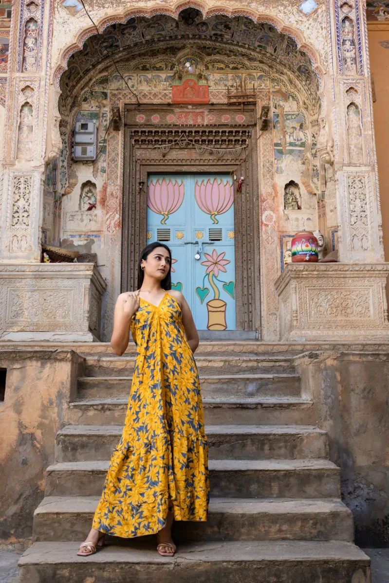 Yellow Silk Sari Printed Halter Backless Maxi Dress