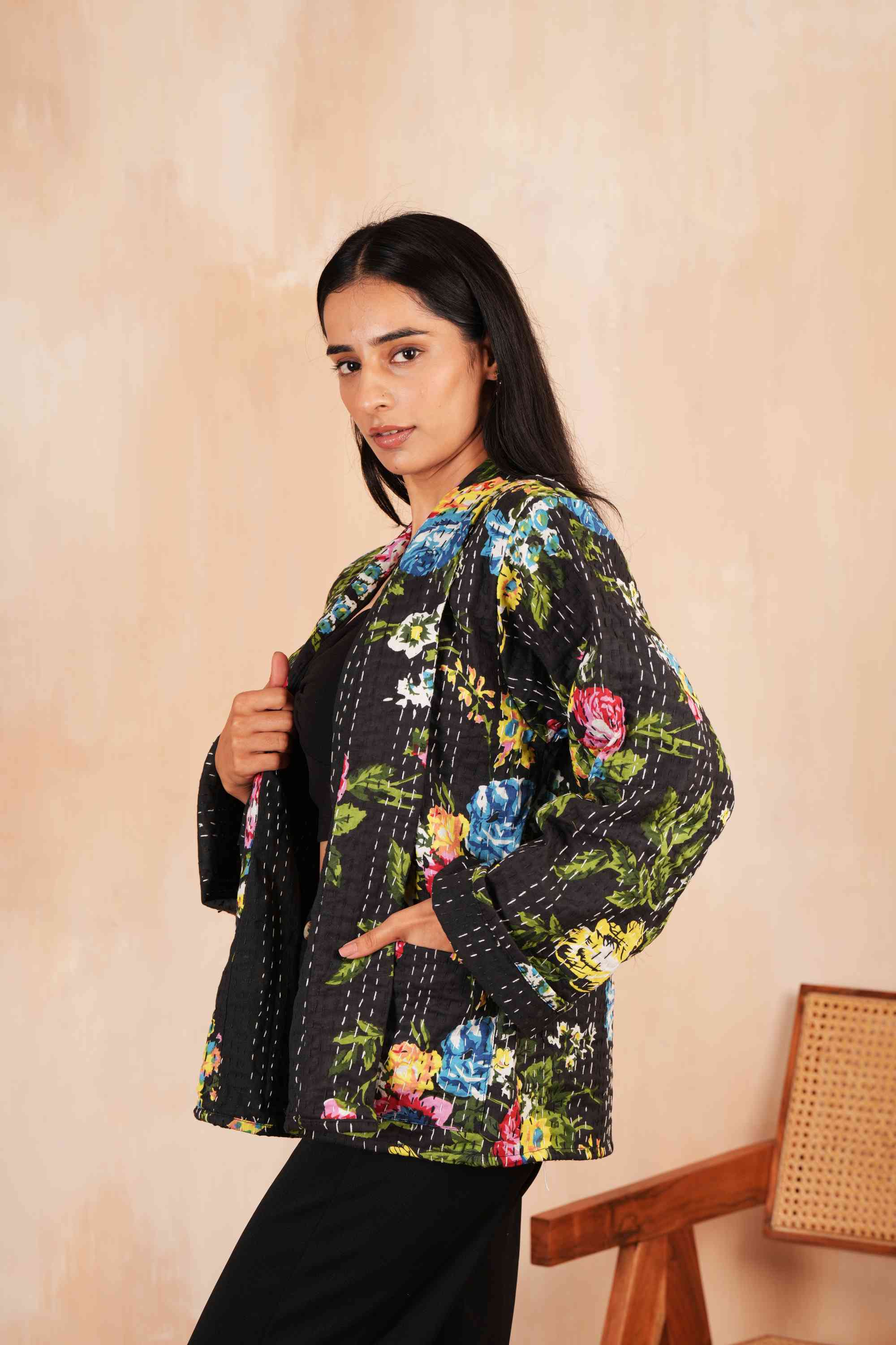 Black Floral Cotton Handmade Kantha Jacket