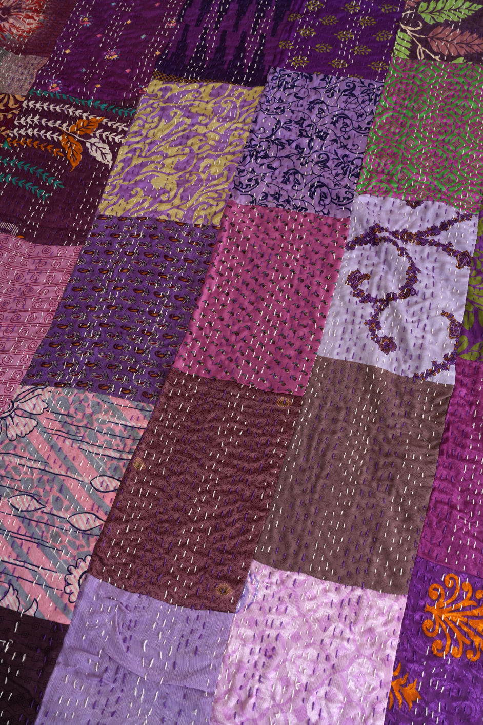 Silk Sari Kantha Quilt Purple Patchwork Bedspread