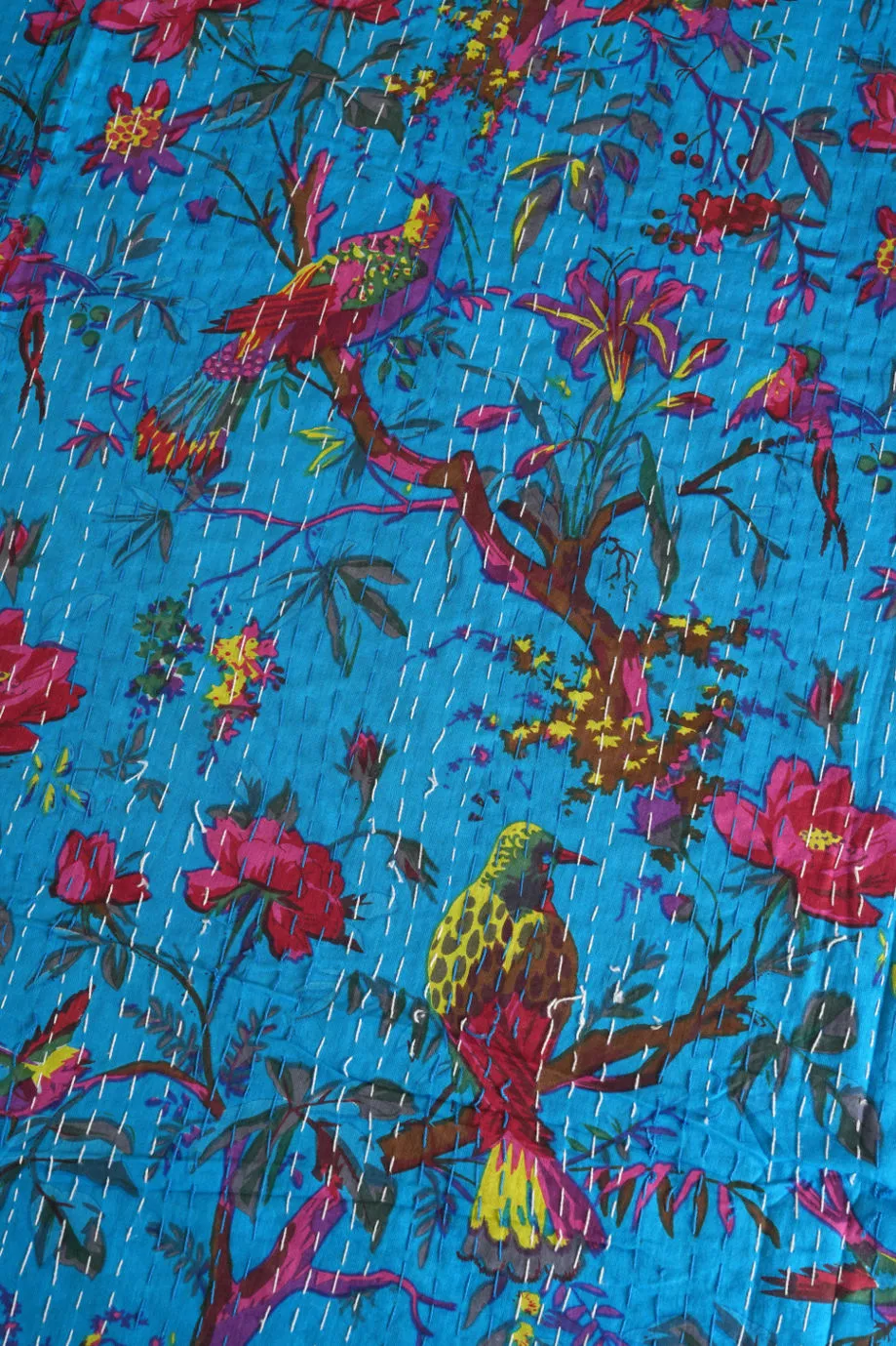 Turquoise Birds Floral Kantha Quilt