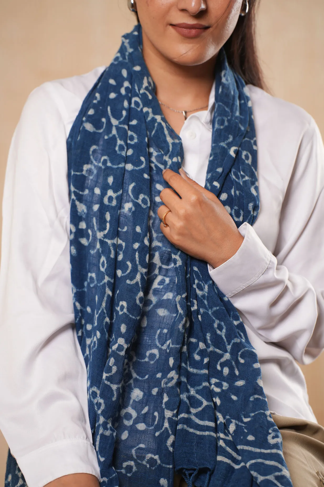 Indigo Cotton Dabu Printed Handmade Scarf Stole - #D4